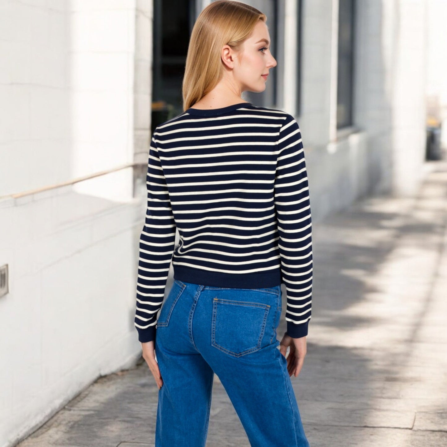 Striped Button-Up Cardigan with Pocket Detail