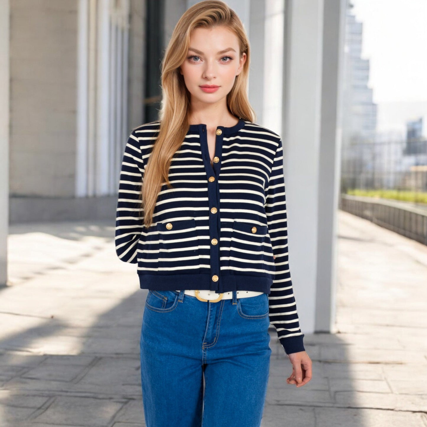Striped Button-Up Cardigan with Pocket Detail