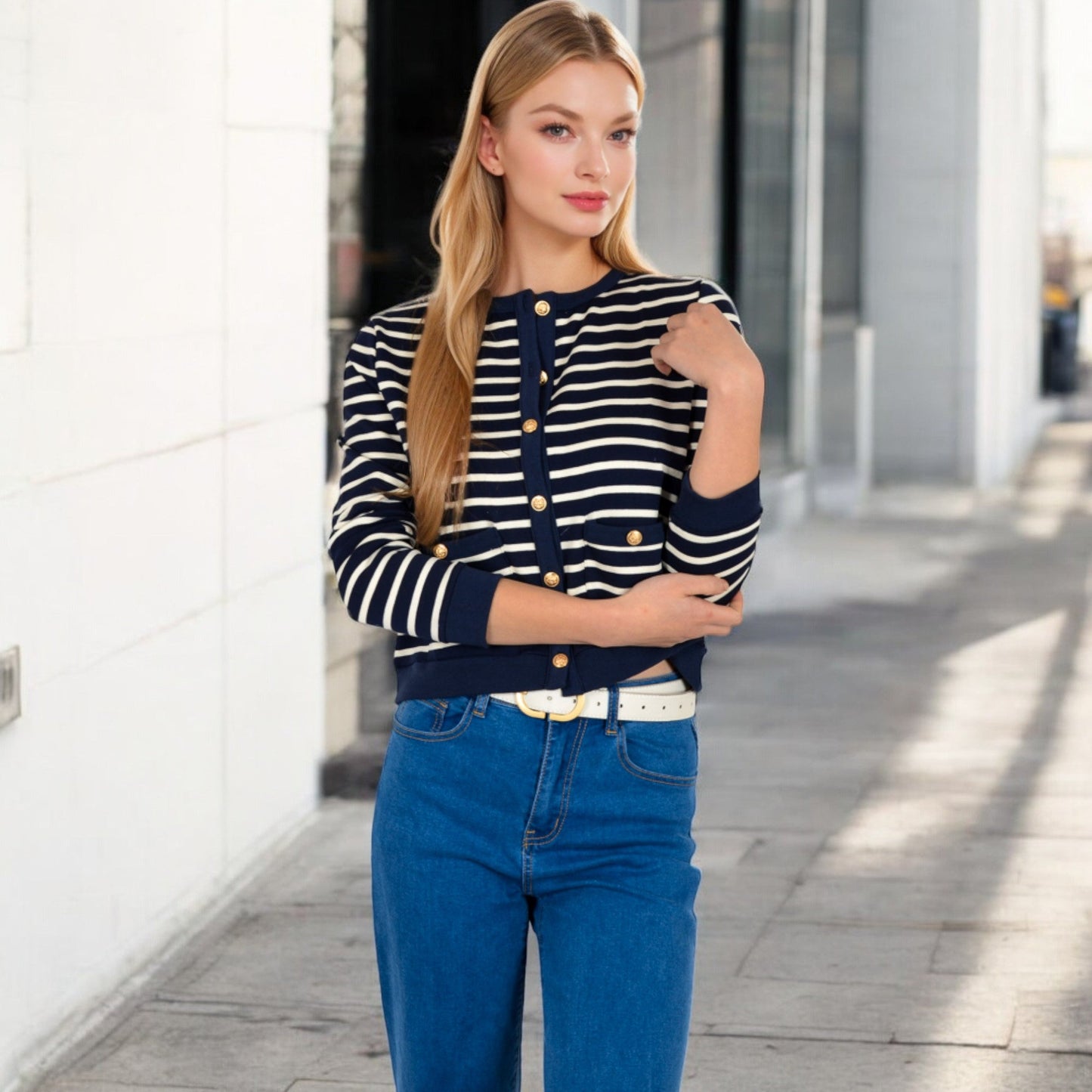 Striped Button-Up Cardigan with Pocket Detail