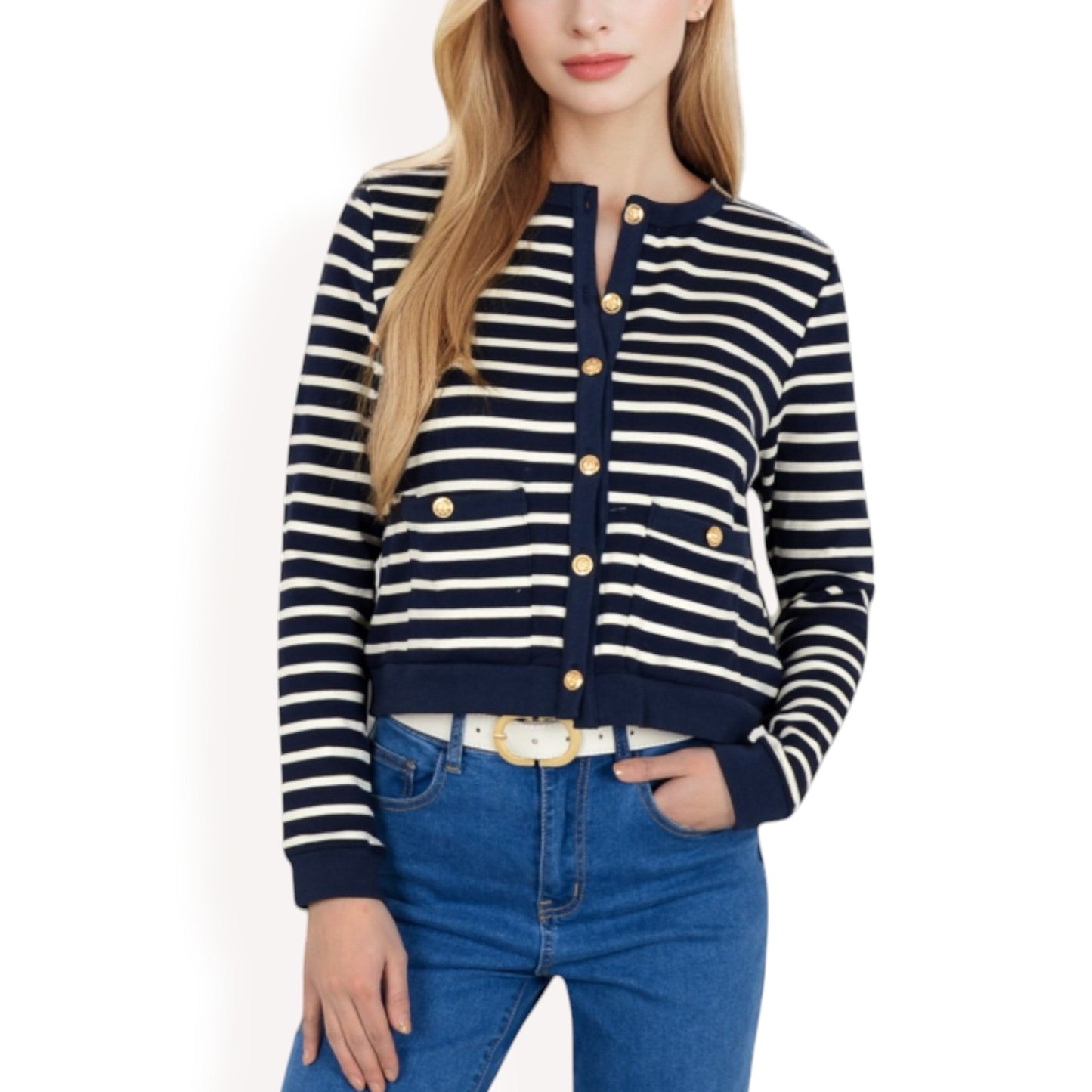 Striped Button-Up Cardigan with Pocket Detail