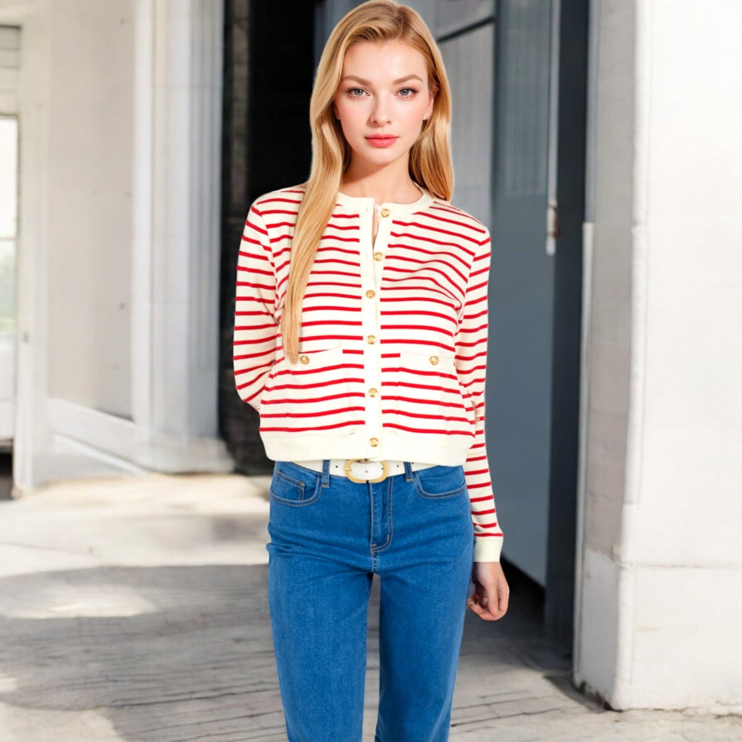 Striped Button-Up Cardigan with Pocket Detail