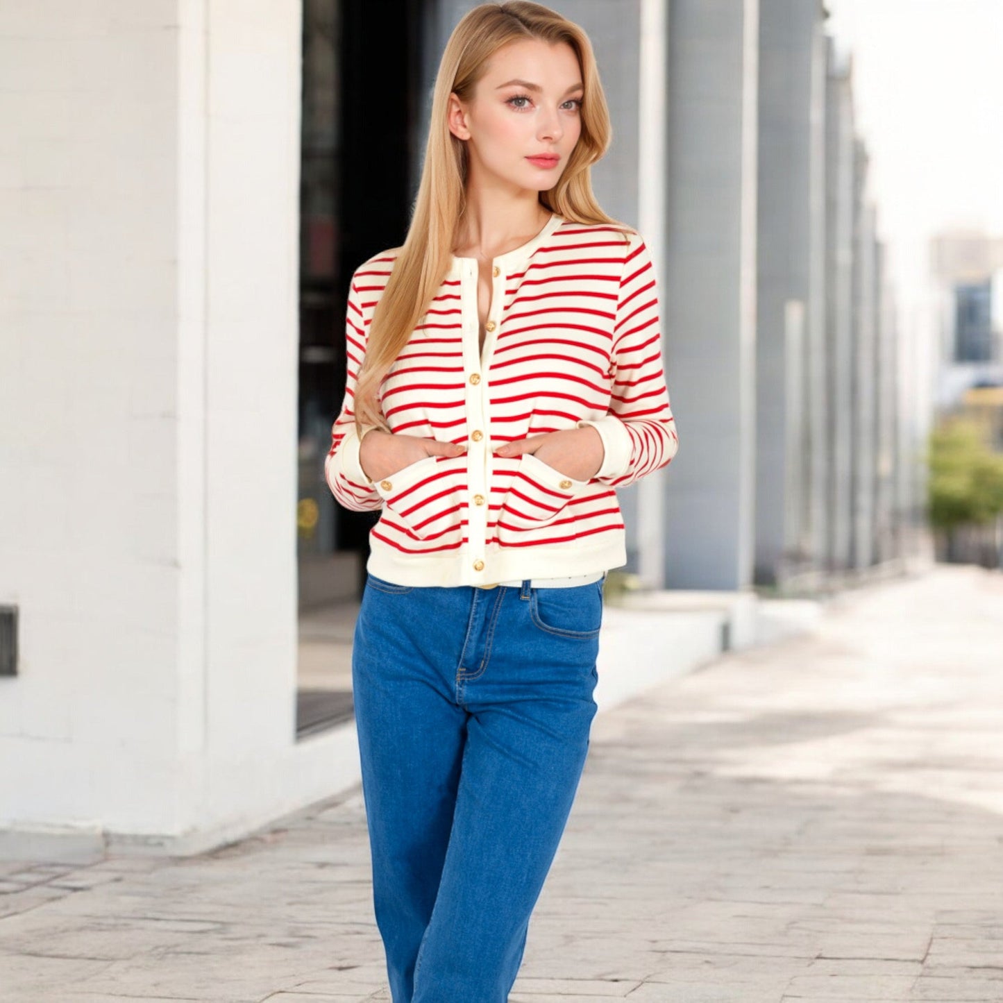 Striped Button-Up Cardigan with Pocket Detail