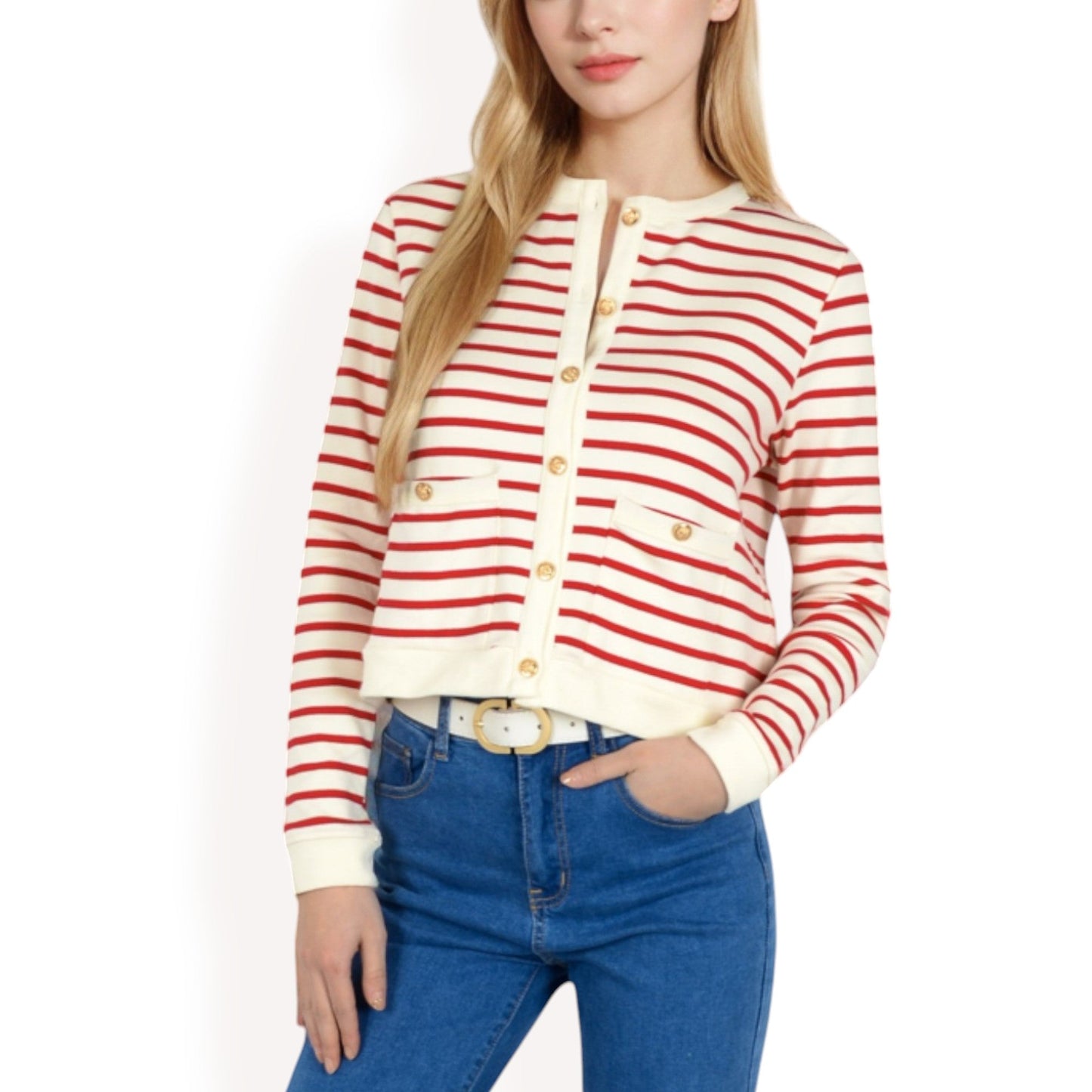 Striped Button-Up Cardigan with Pocket Detail
