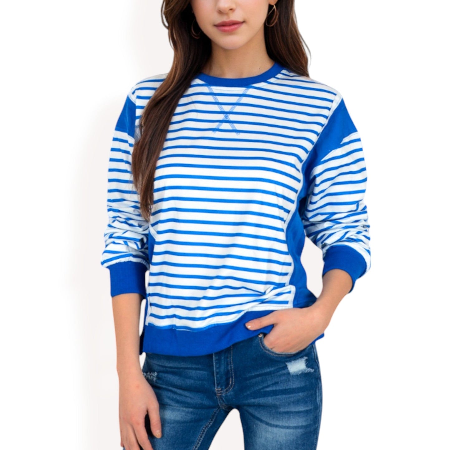 Striped Crew Neck Sweatshirt with Contrast Sleeves