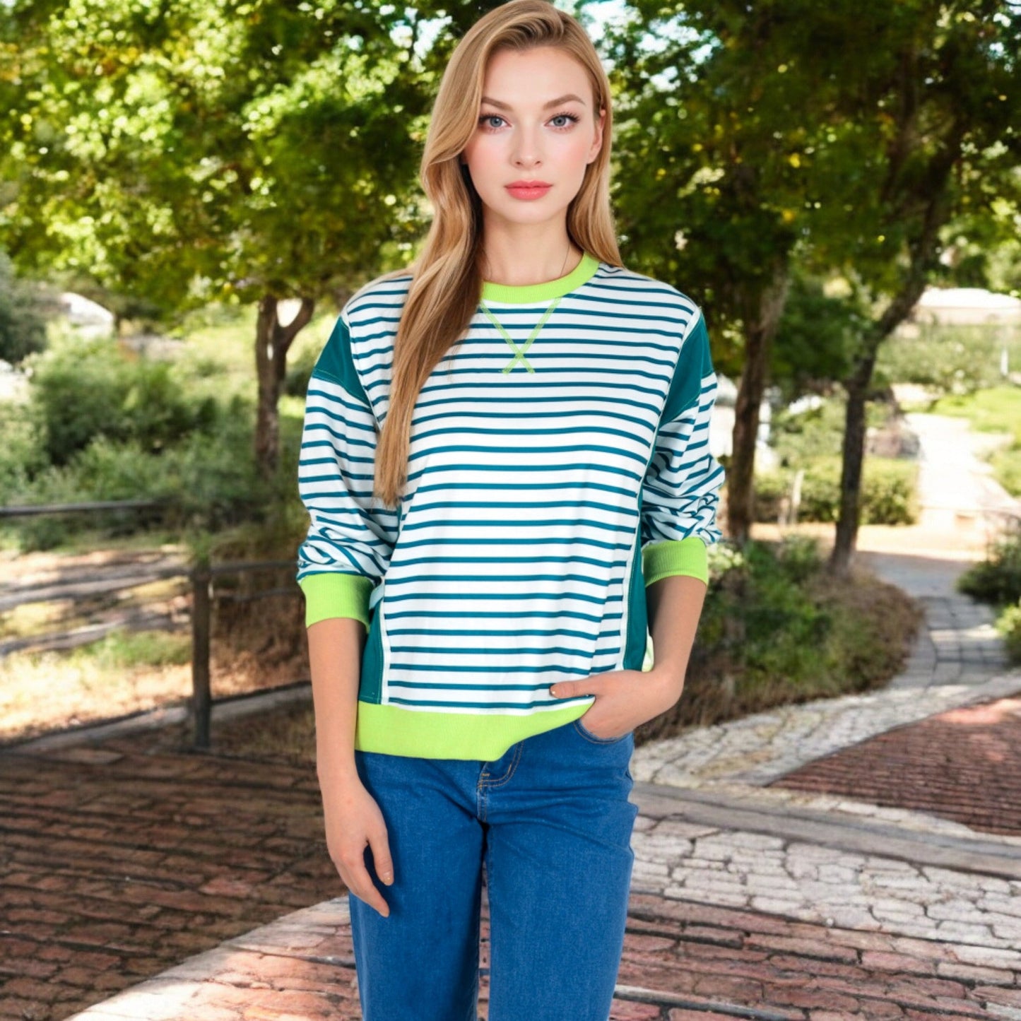 Striped Crew Neck Sweatshirt with Contrast Sleeves