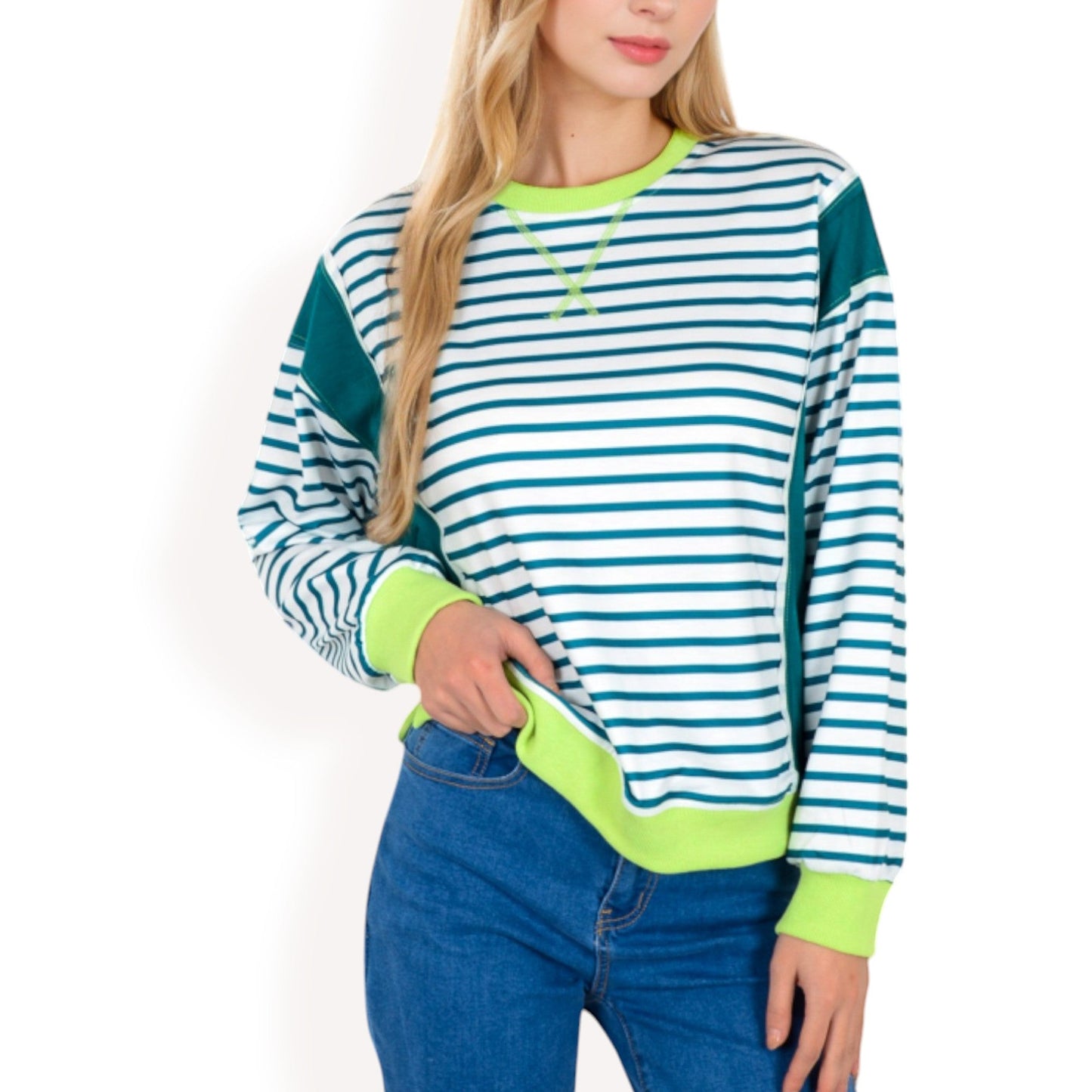 Striped Crew Neck Sweatshirt with Contrast Sleeves