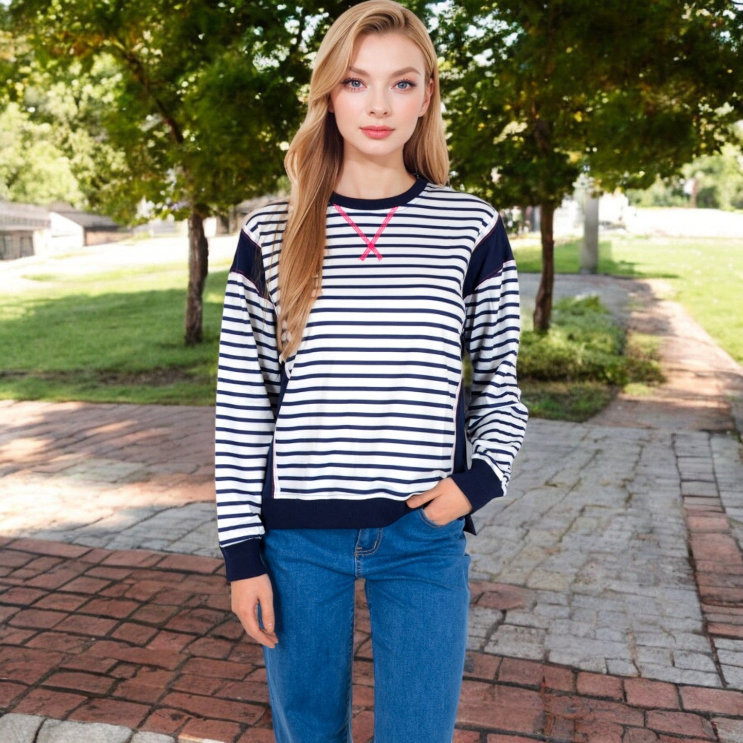 Striped Crew Neck Sweatshirt with Contrast Sleeves