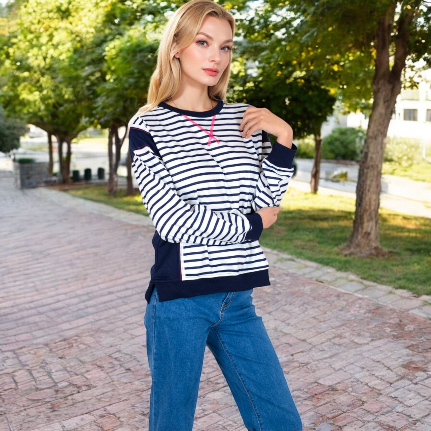 Striped Crew Neck Sweatshirt with Contrast Sleeves