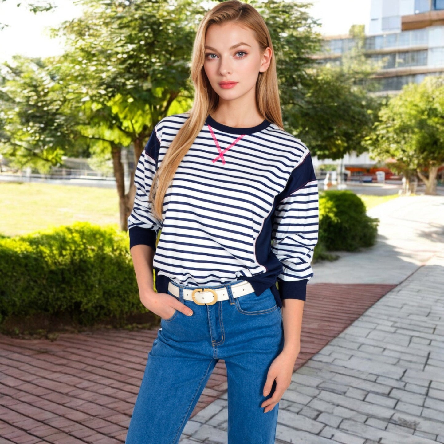 Striped Crew Neck Sweatshirt with Contrast Sleeves