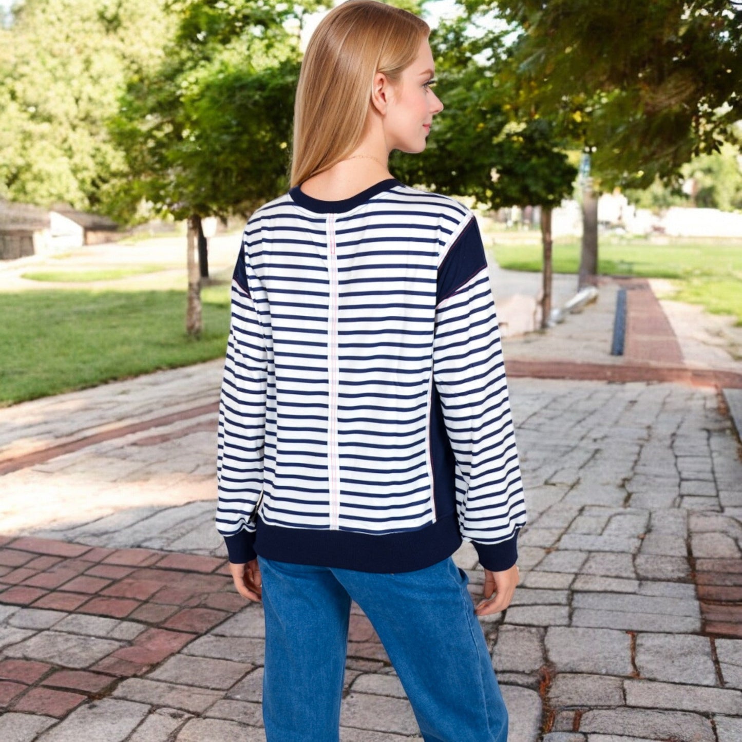 Striped Crew Neck Sweatshirt with Contrast Sleeves