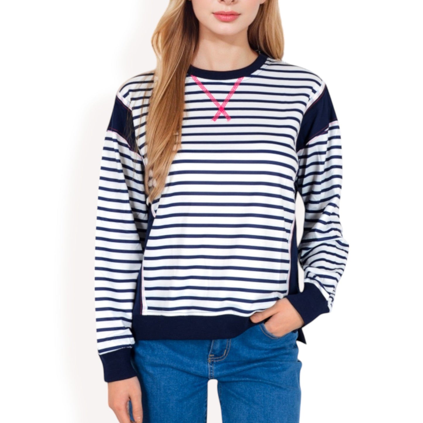 Striped Crew Neck Sweatshirt with Contrast Sleeves