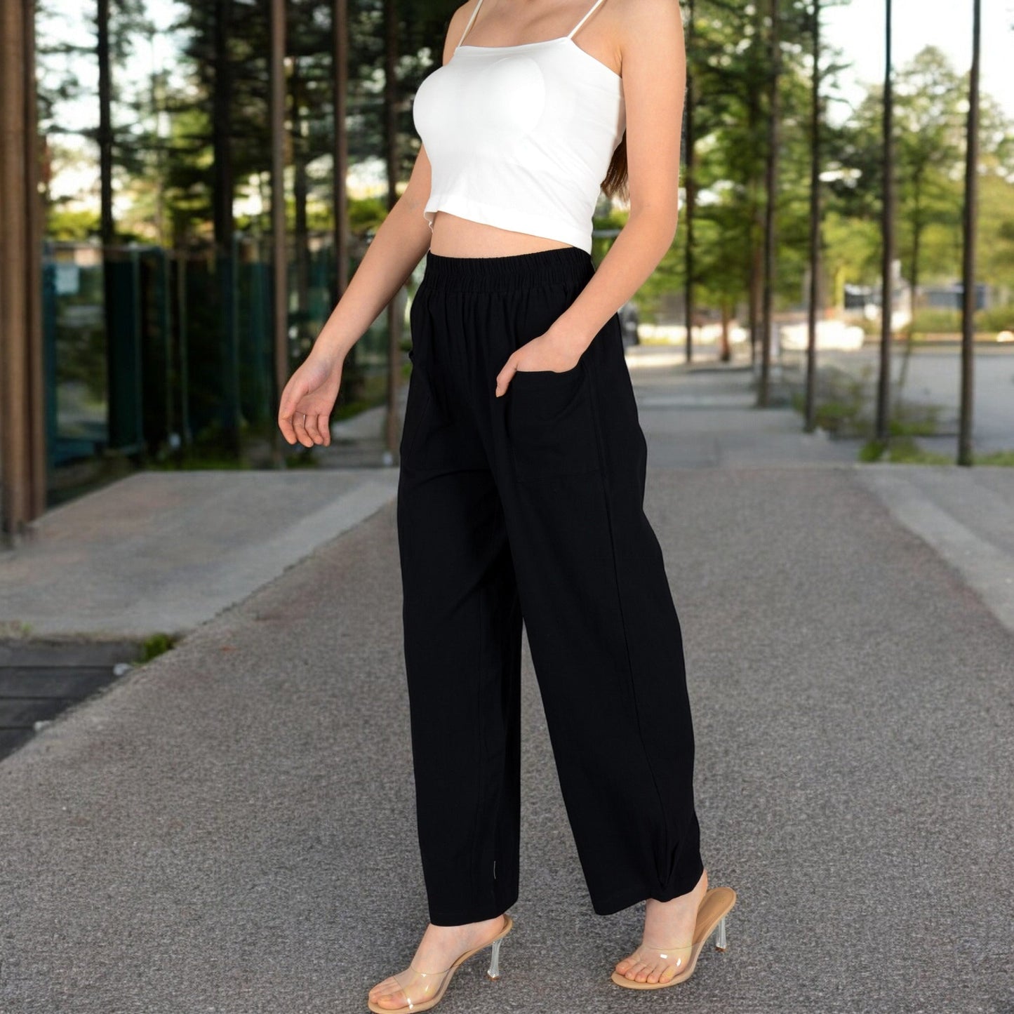 Wide-Leg Elastic Waist Pants with Side Pockets