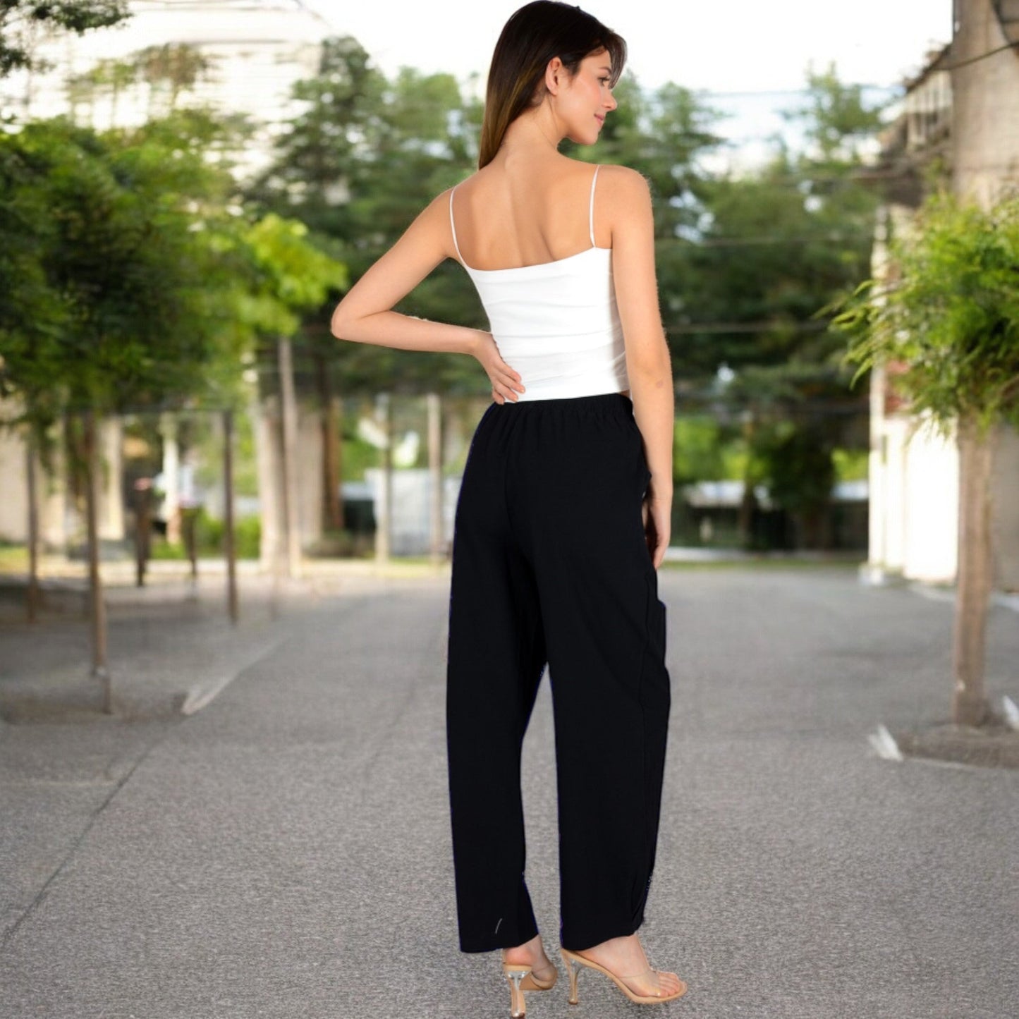 Wide-Leg Elastic Waist Pants with Side Pockets