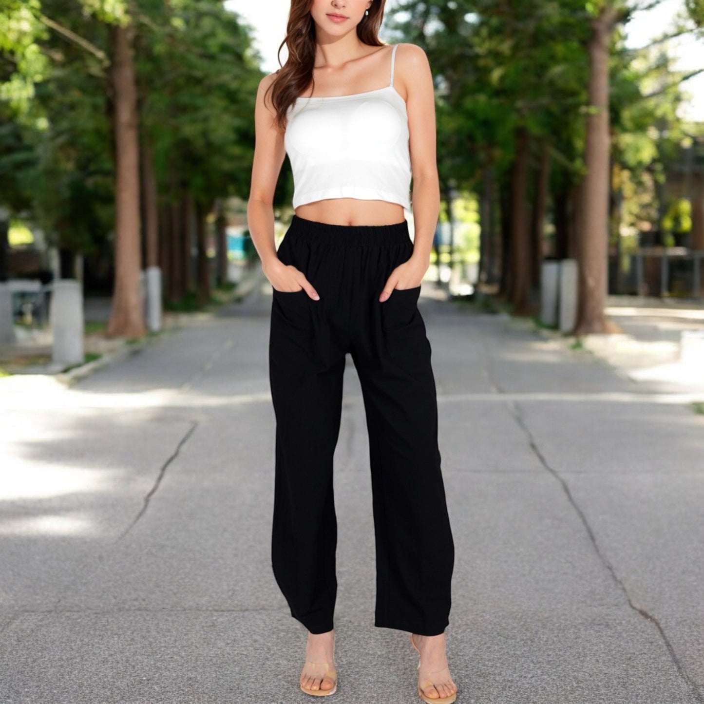 Wide-Leg Elastic Waist Pants with Side Pockets