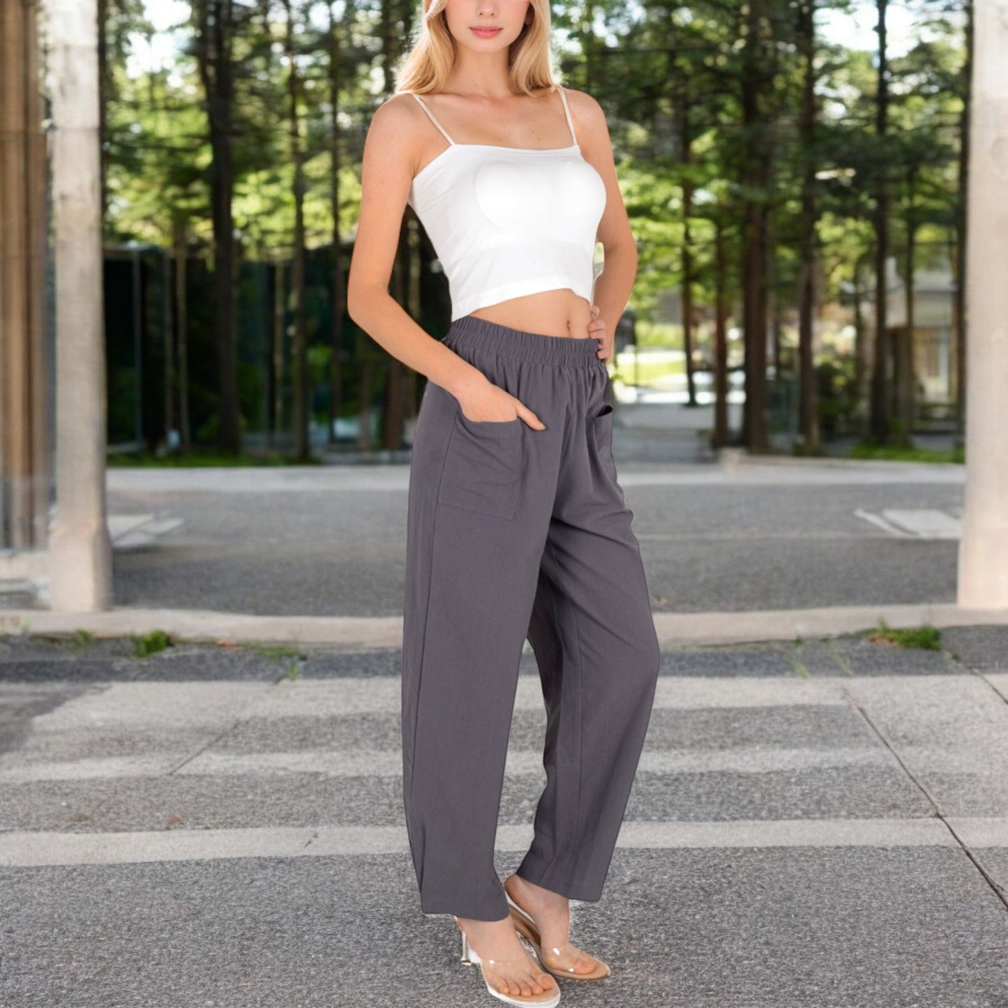 Wide-Leg Elastic Waist Pants with Side Pockets