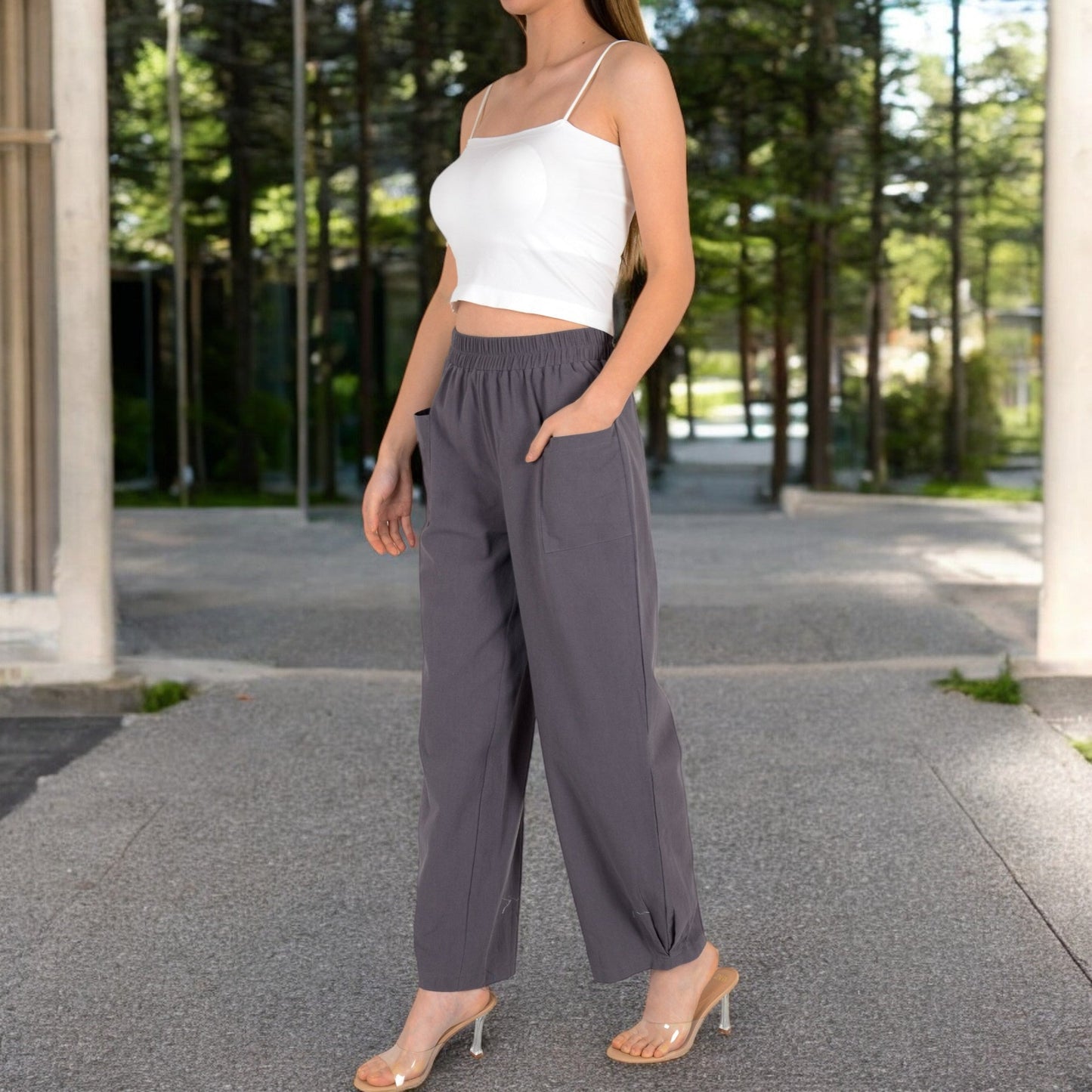 Wide-Leg Elastic Waist Pants with Side Pockets