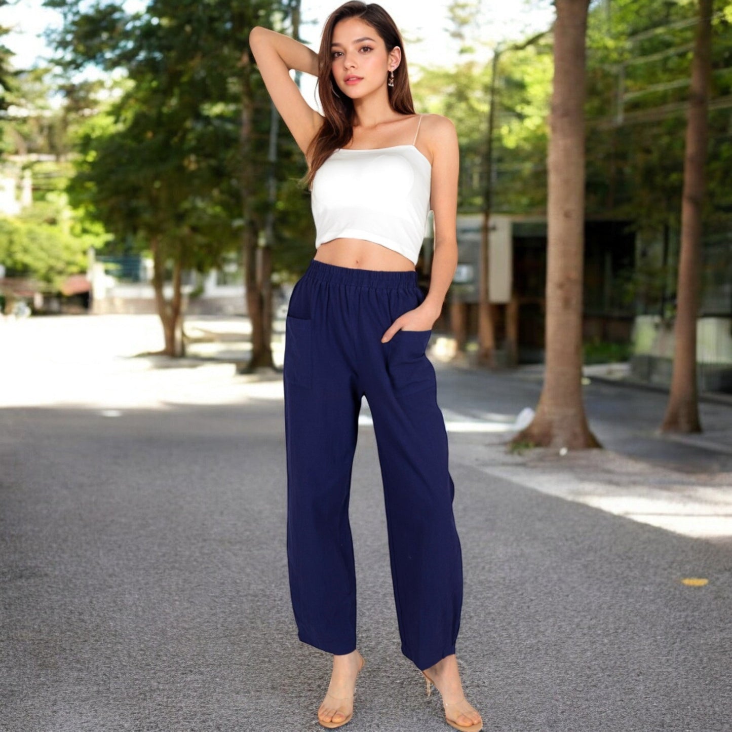 Wide-Leg Elastic Waist Pants with Side Pockets