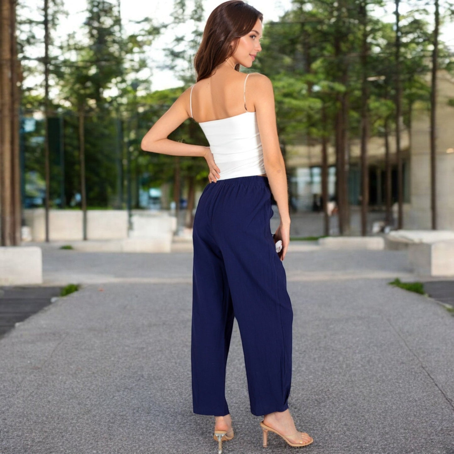 Wide-Leg Elastic Waist Pants with Side Pockets