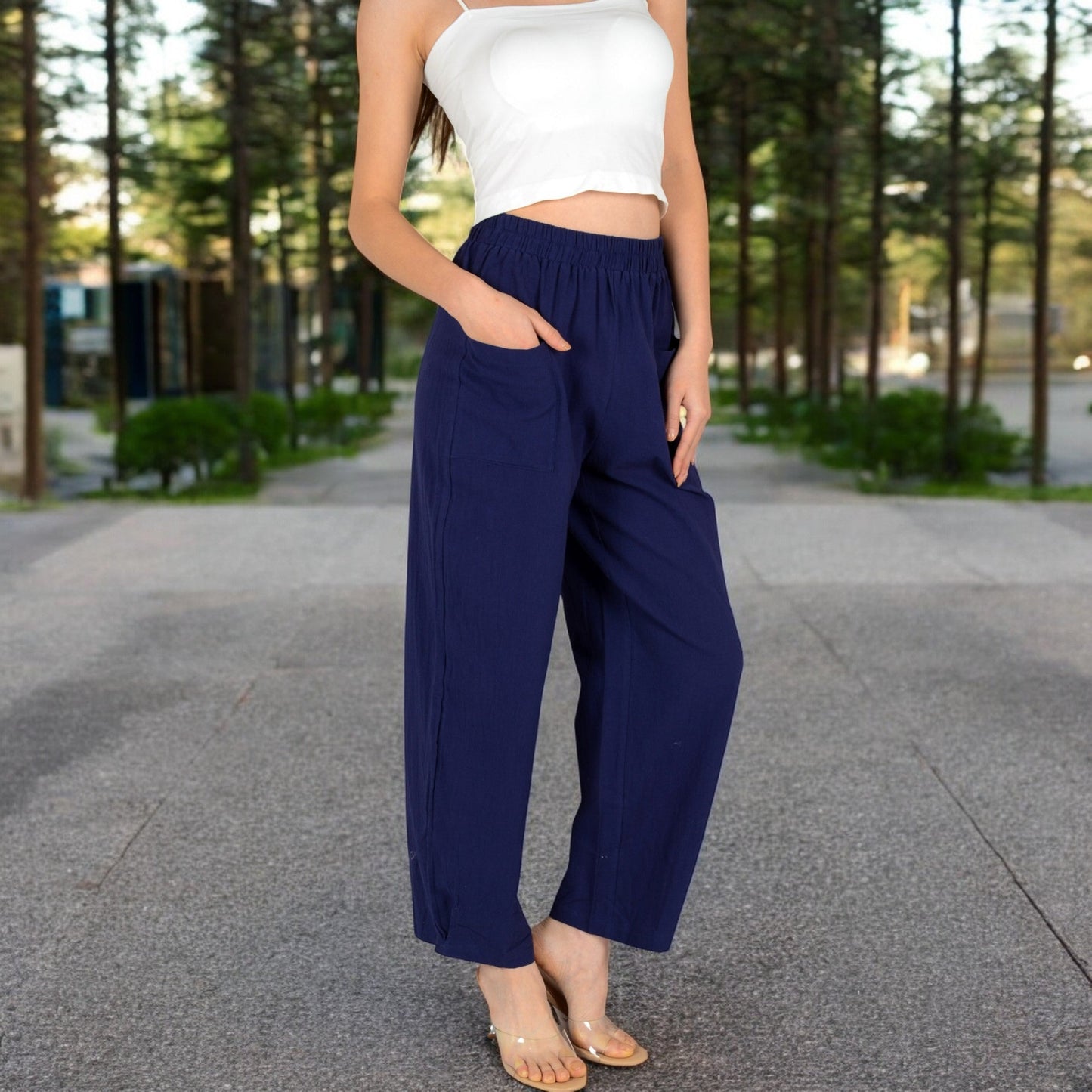 Wide-Leg Elastic Waist Pants with Side Pockets