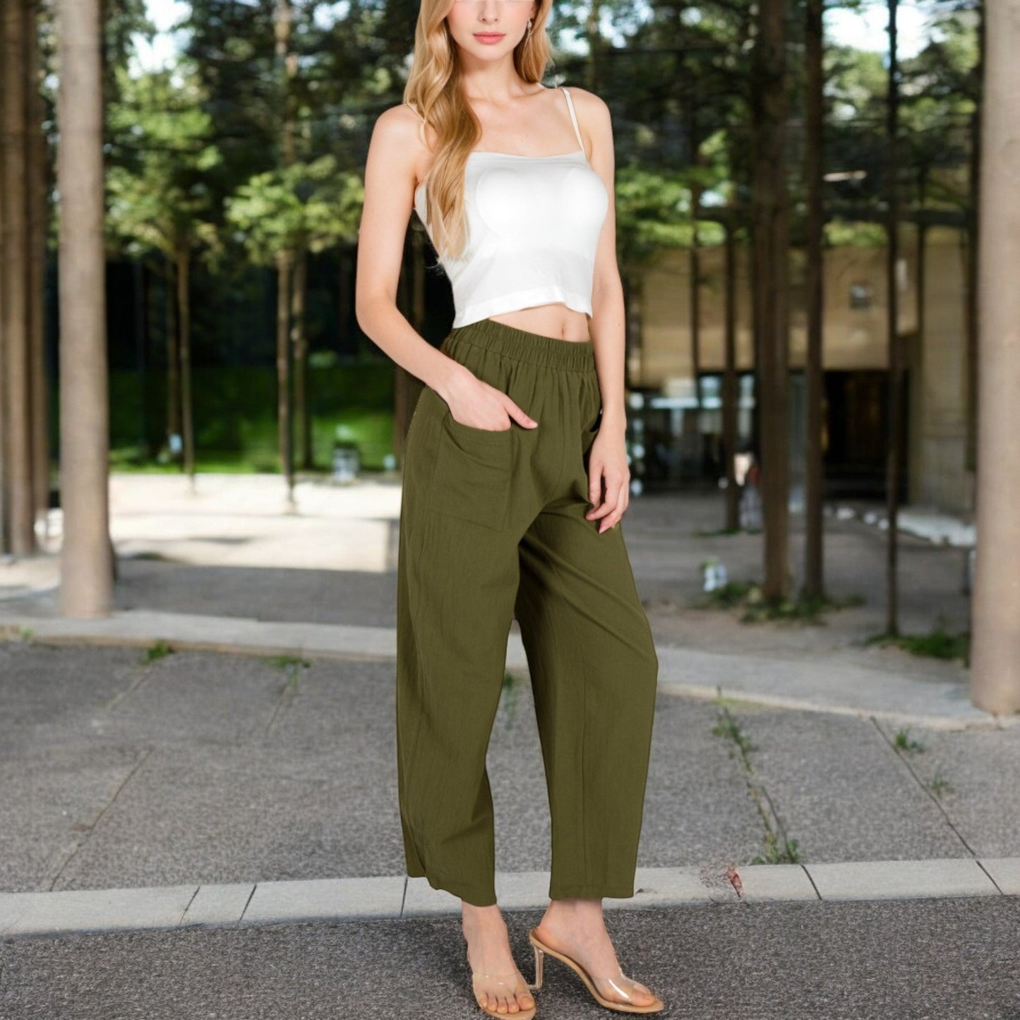 Wide-Leg Elastic Waist Pants with Side Pockets