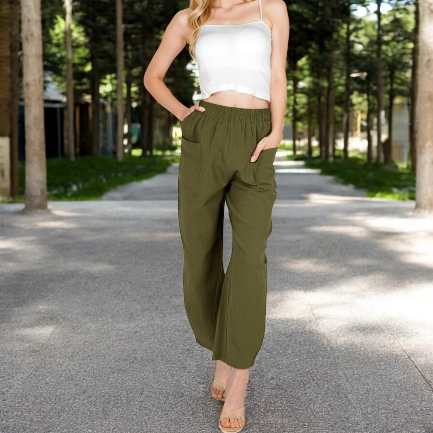 Wide-Leg Elastic Waist Pants with Side Pockets