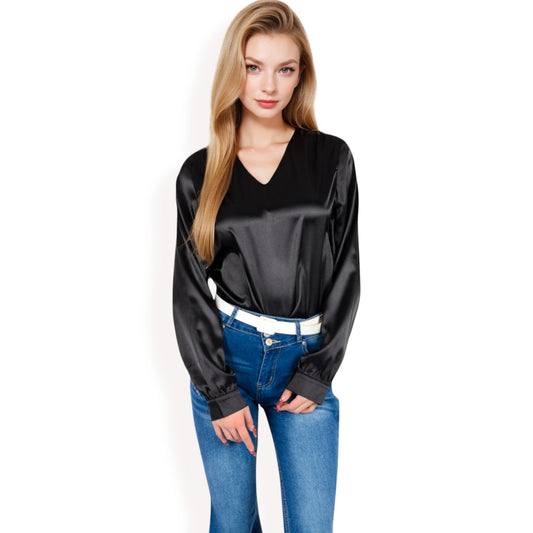 Satin Long Sleeve V-Neck Blouse with Cuffed Sleeves