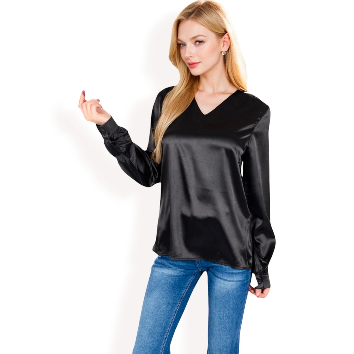 Satin Long Sleeve V-Neck Blouse with Cuffed Sleeves