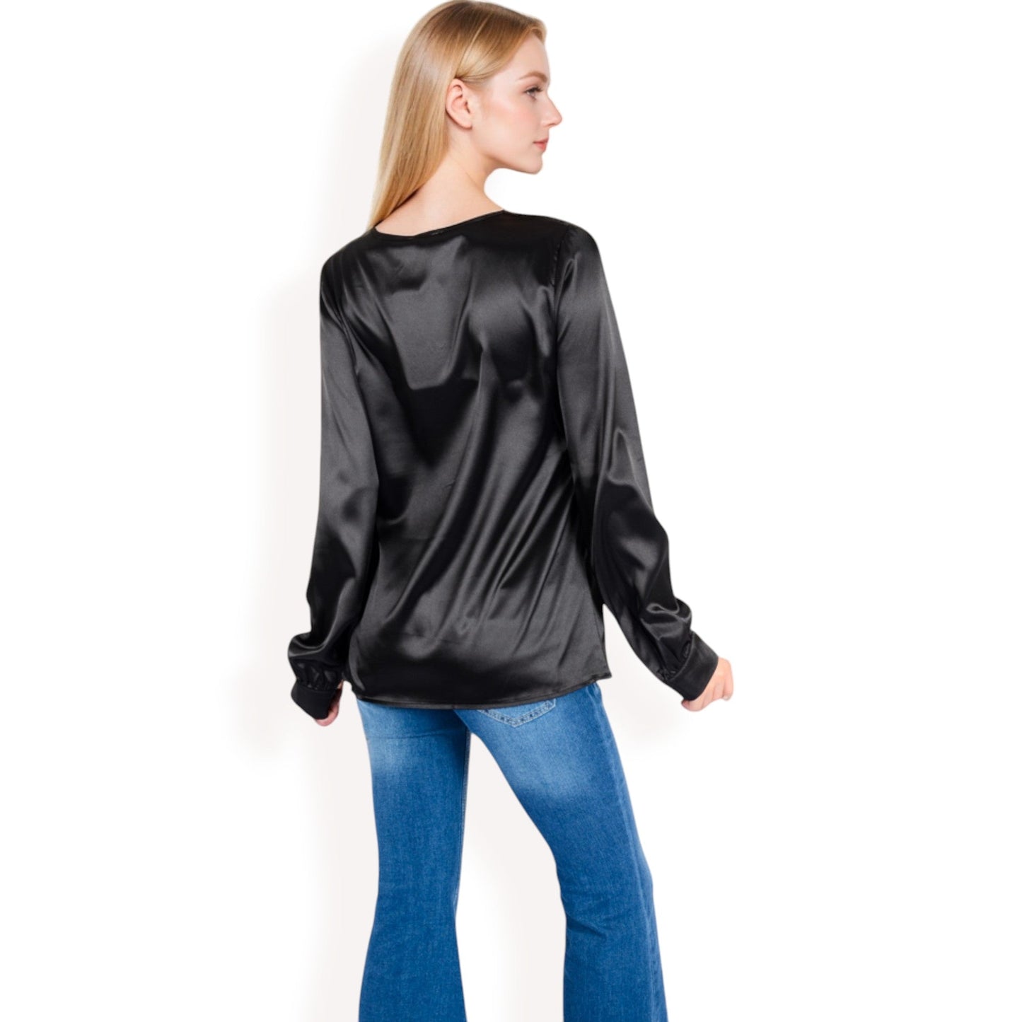 Satin Long Sleeve V-Neck Blouse with Cuffed Sleeves