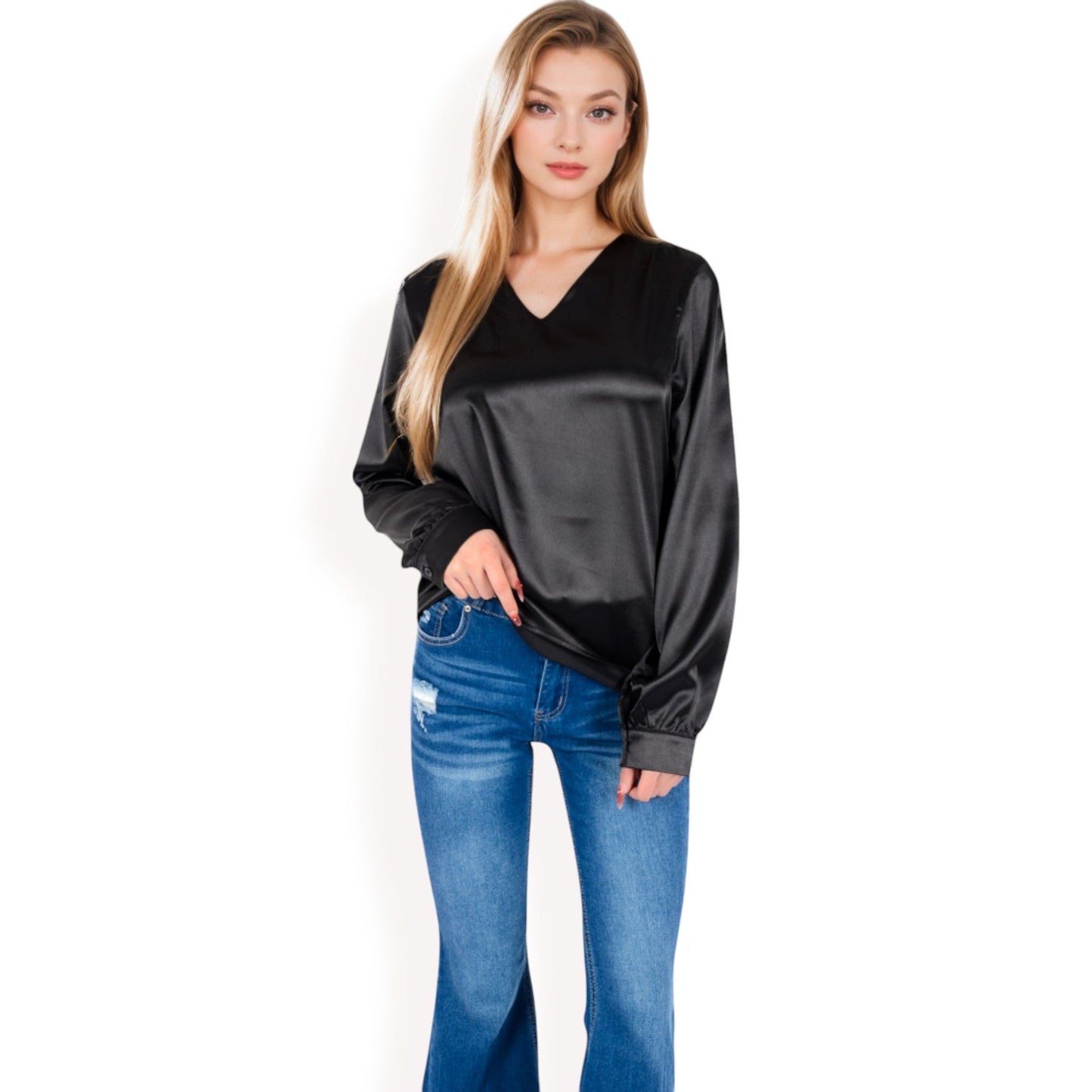 Satin Long Sleeve V-Neck Blouse with Cuffed Sleeves