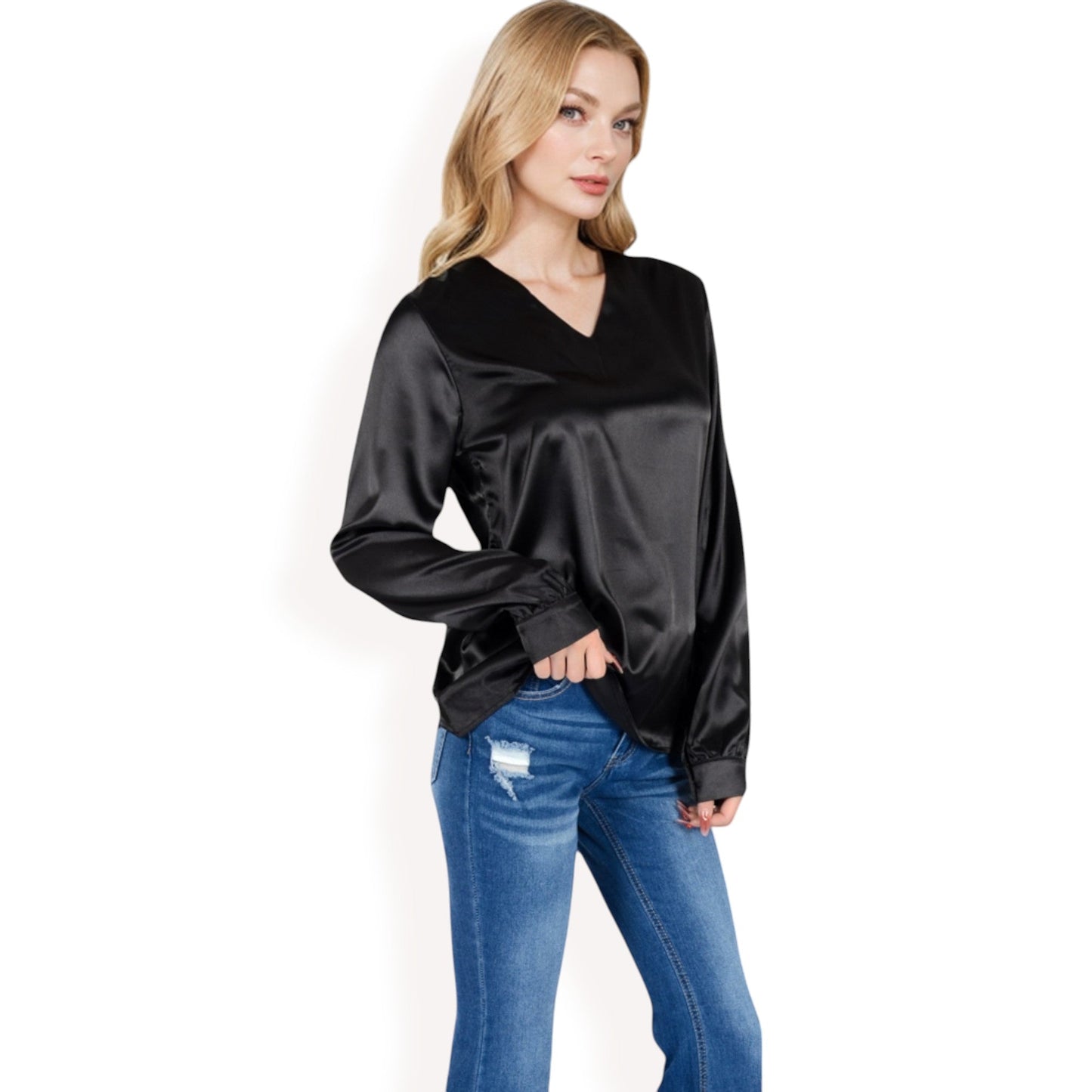Satin Long Sleeve V-Neck Blouse with Cuffed Sleeves