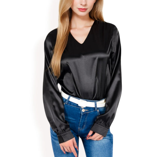 Satin Long Sleeve V-Neck Blouse with Cuffed Sleeves