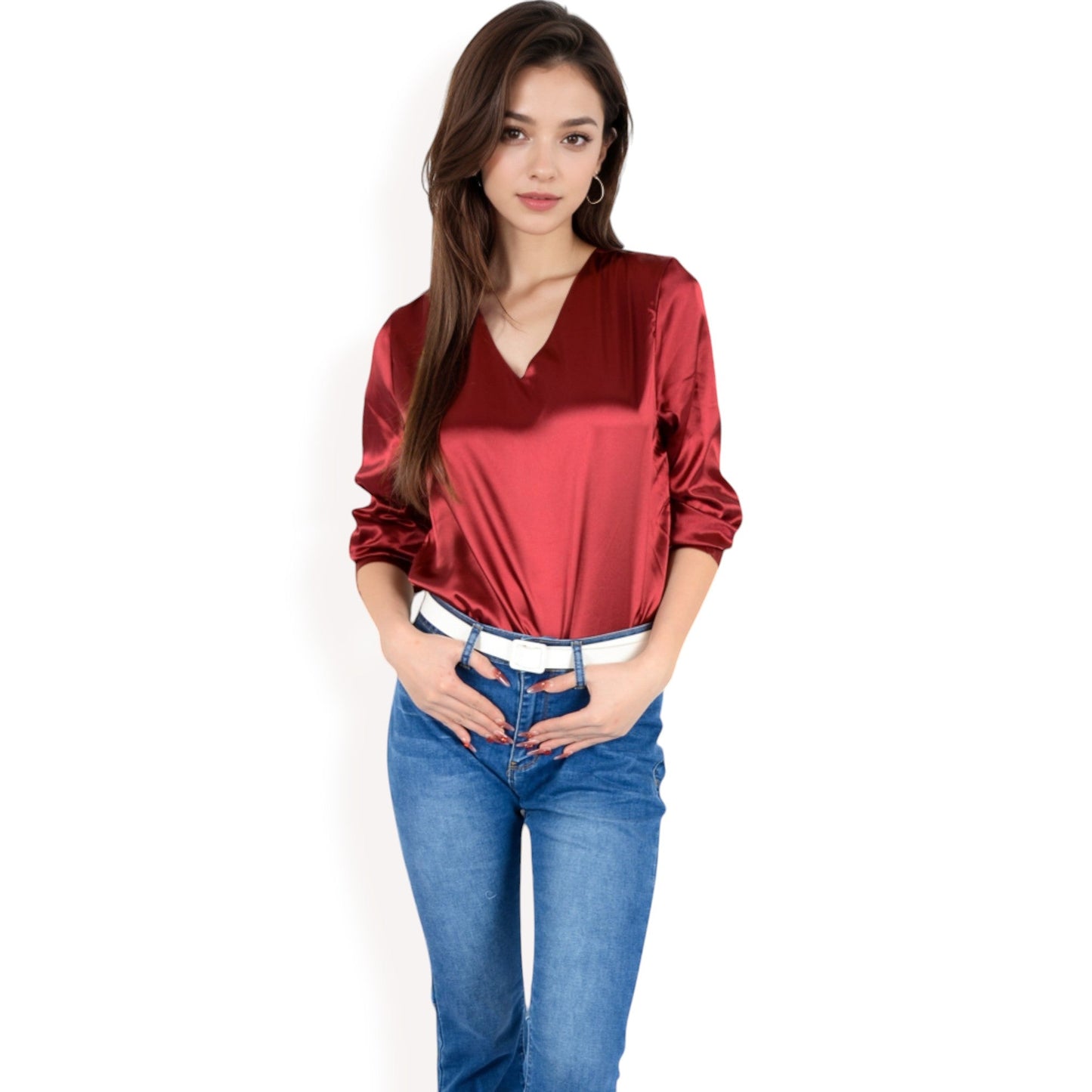 Satin Long Sleeve V-Neck Blouse with Cuffed Sleeves