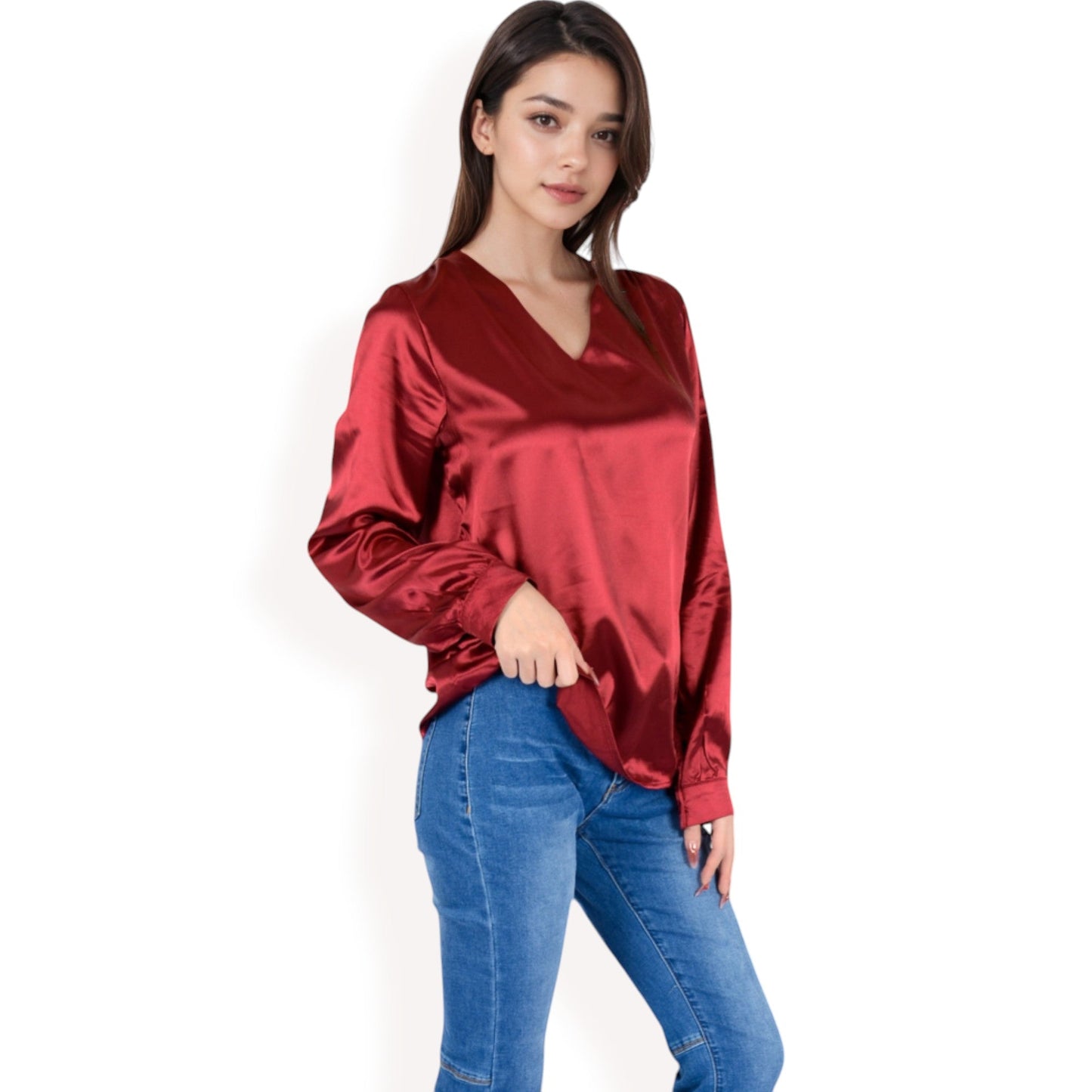 Satin Long Sleeve V-Neck Blouse with Cuffed Sleeves