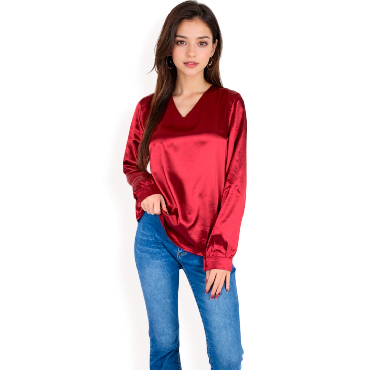 Satin Long Sleeve V-Neck Blouse with Cuffed Sleeves