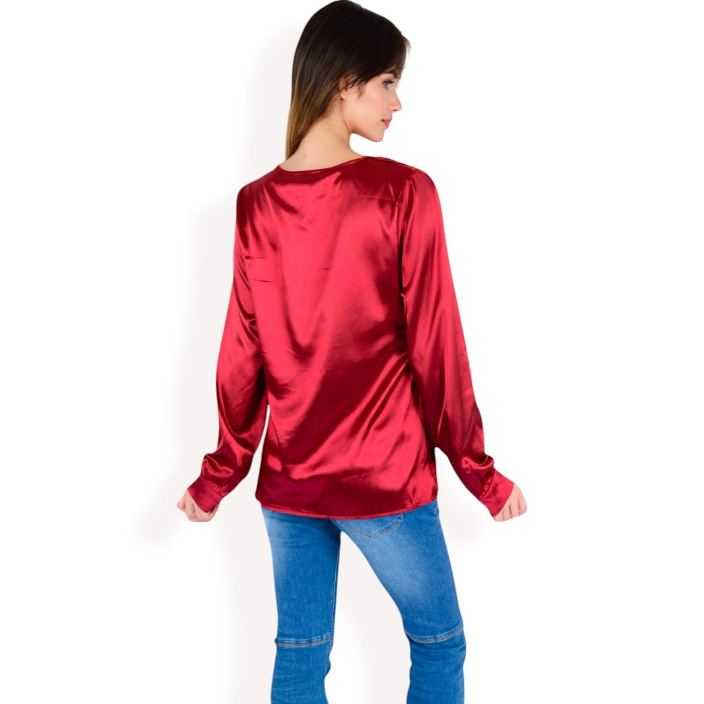 Satin Long Sleeve V-Neck Blouse with Cuffed Sleeves