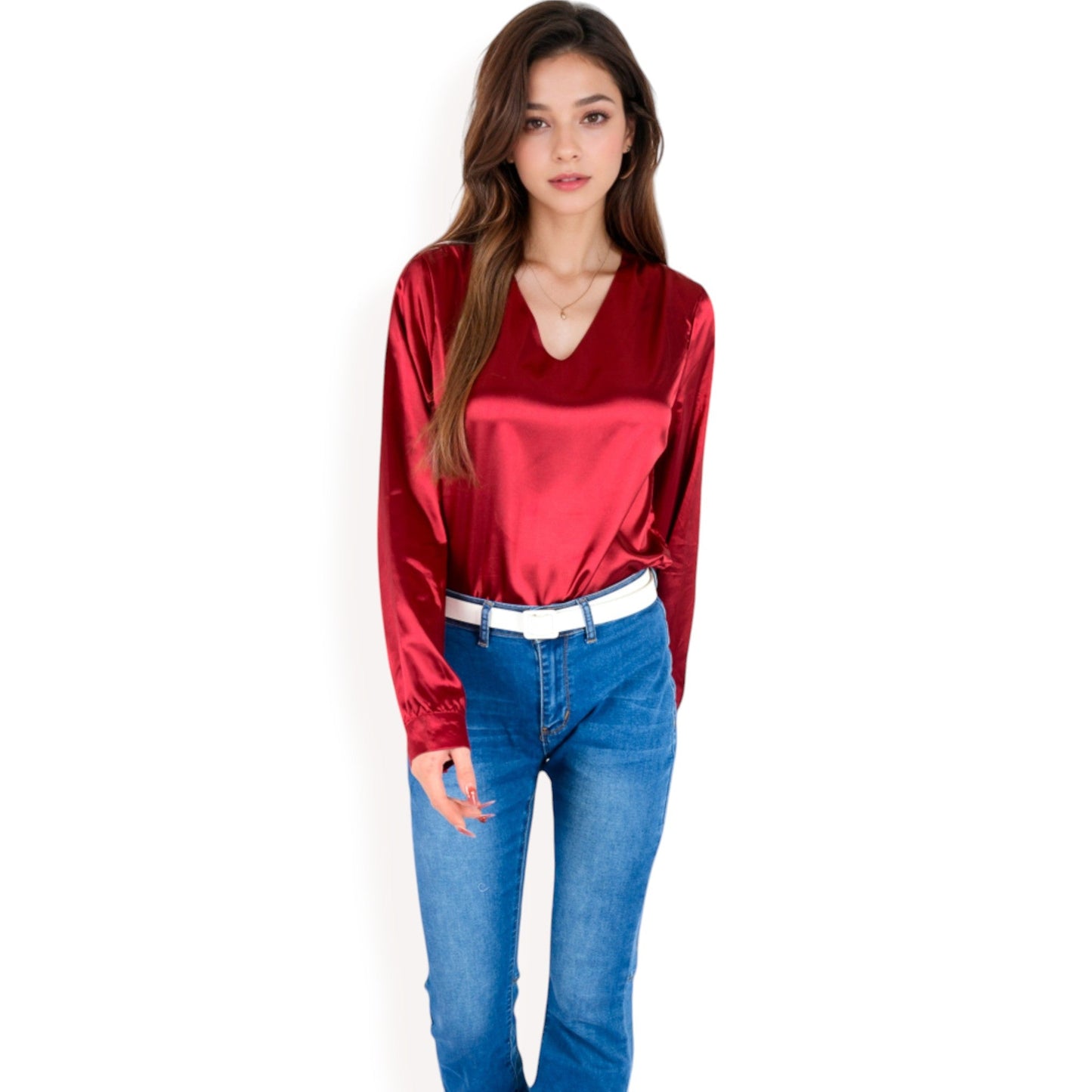 Satin Long Sleeve V-Neck Blouse with Cuffed Sleeves