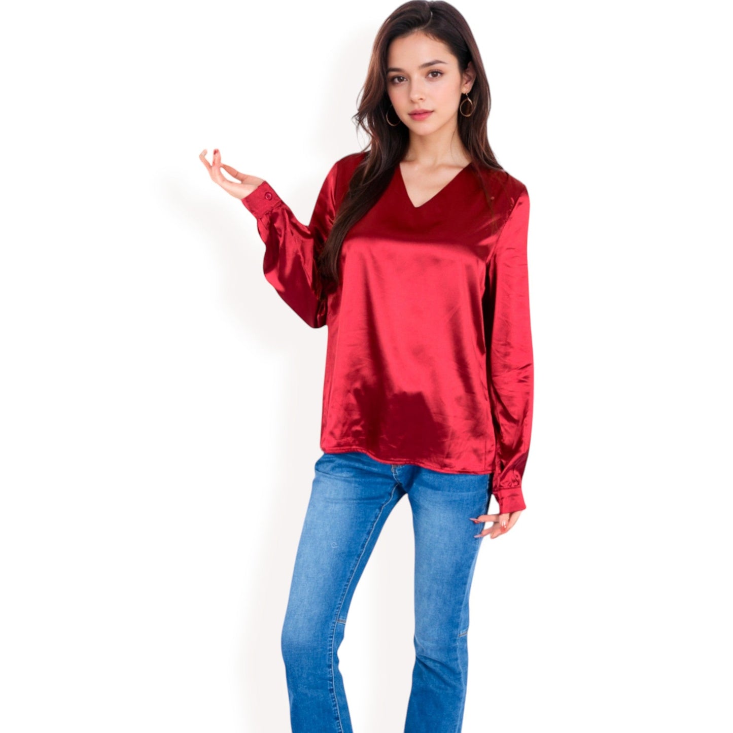 Satin Long Sleeve V-Neck Blouse with Cuffed Sleeves