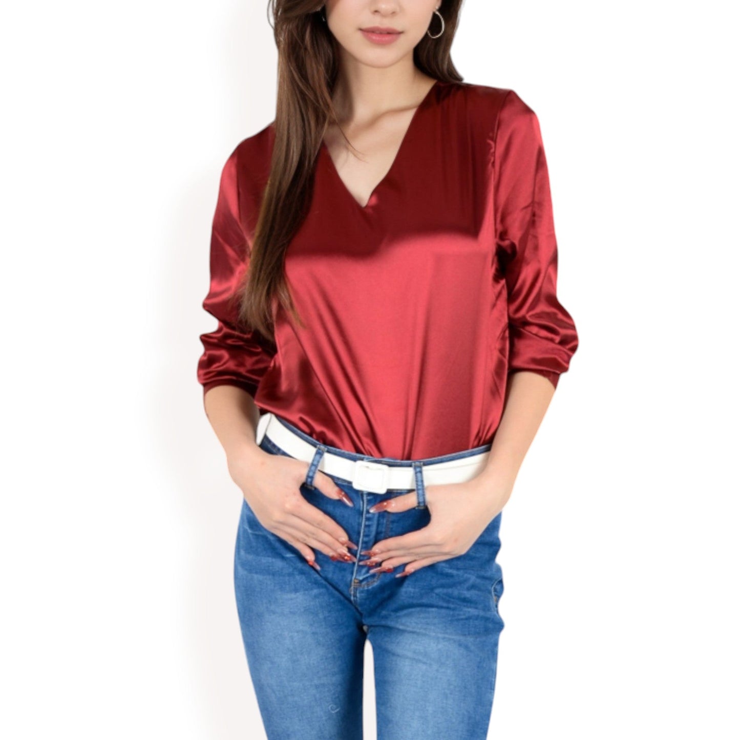 Satin Long Sleeve V-Neck Blouse with Cuffed Sleeves
