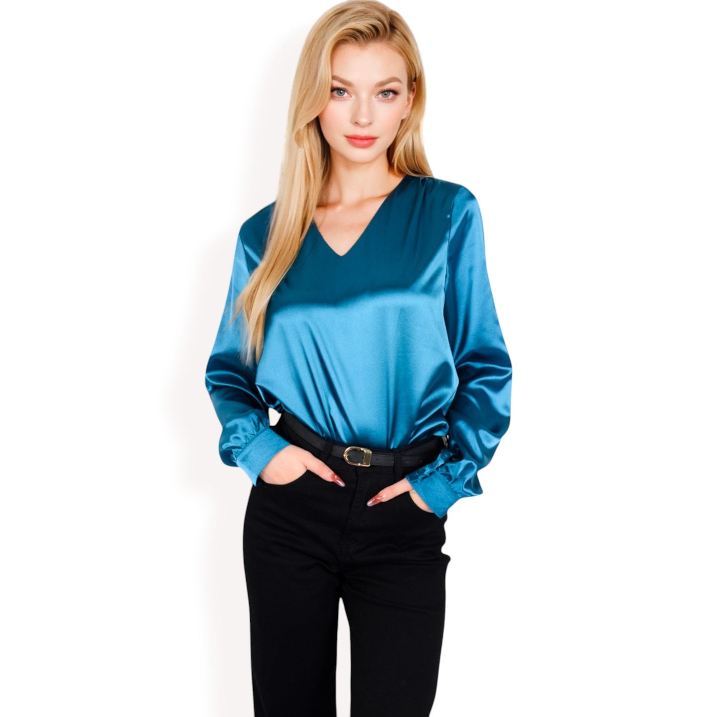 Satin Long Sleeve V-Neck Blouse with Cuffed Sleeves