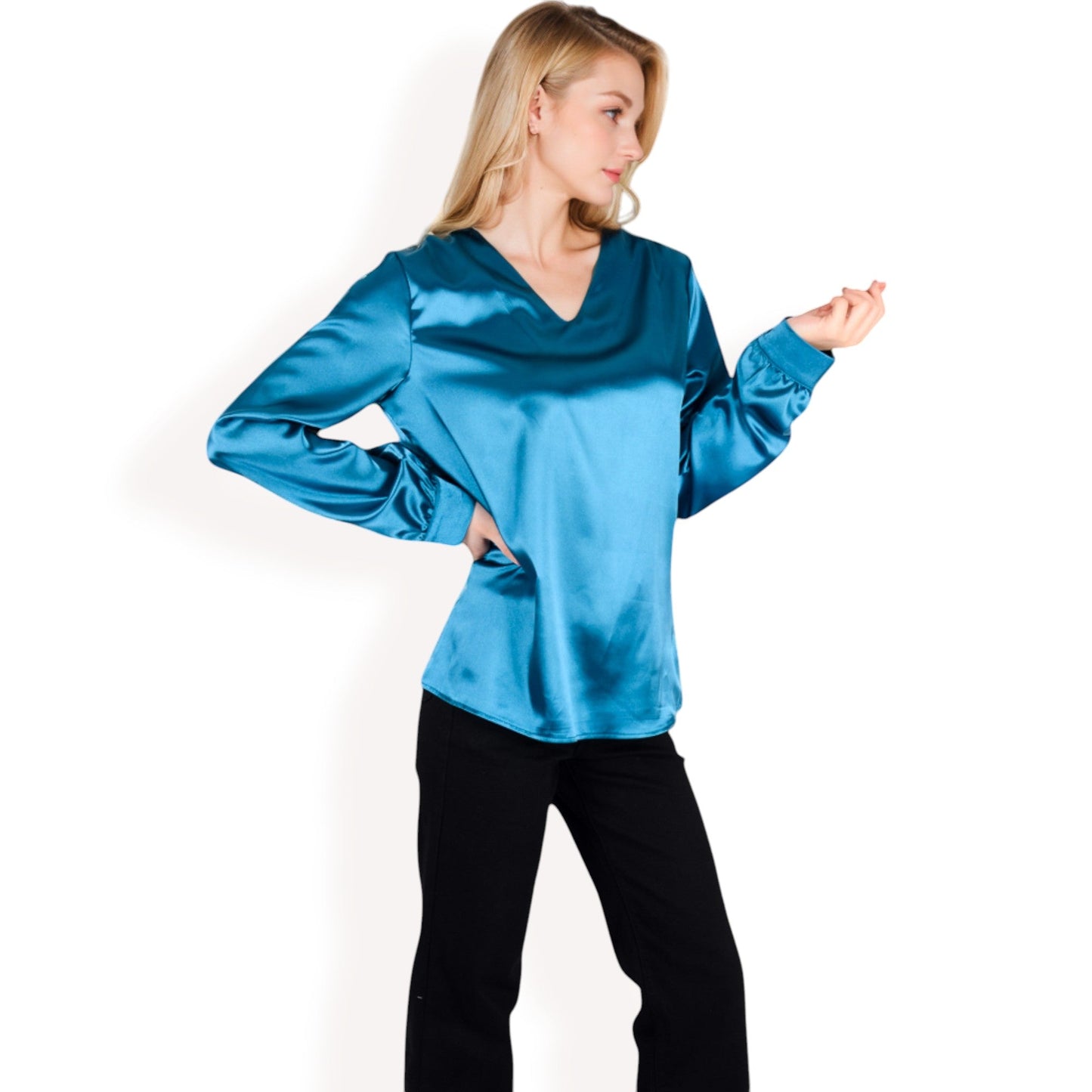 Satin Long Sleeve V-Neck Blouse with Cuffed Sleeves