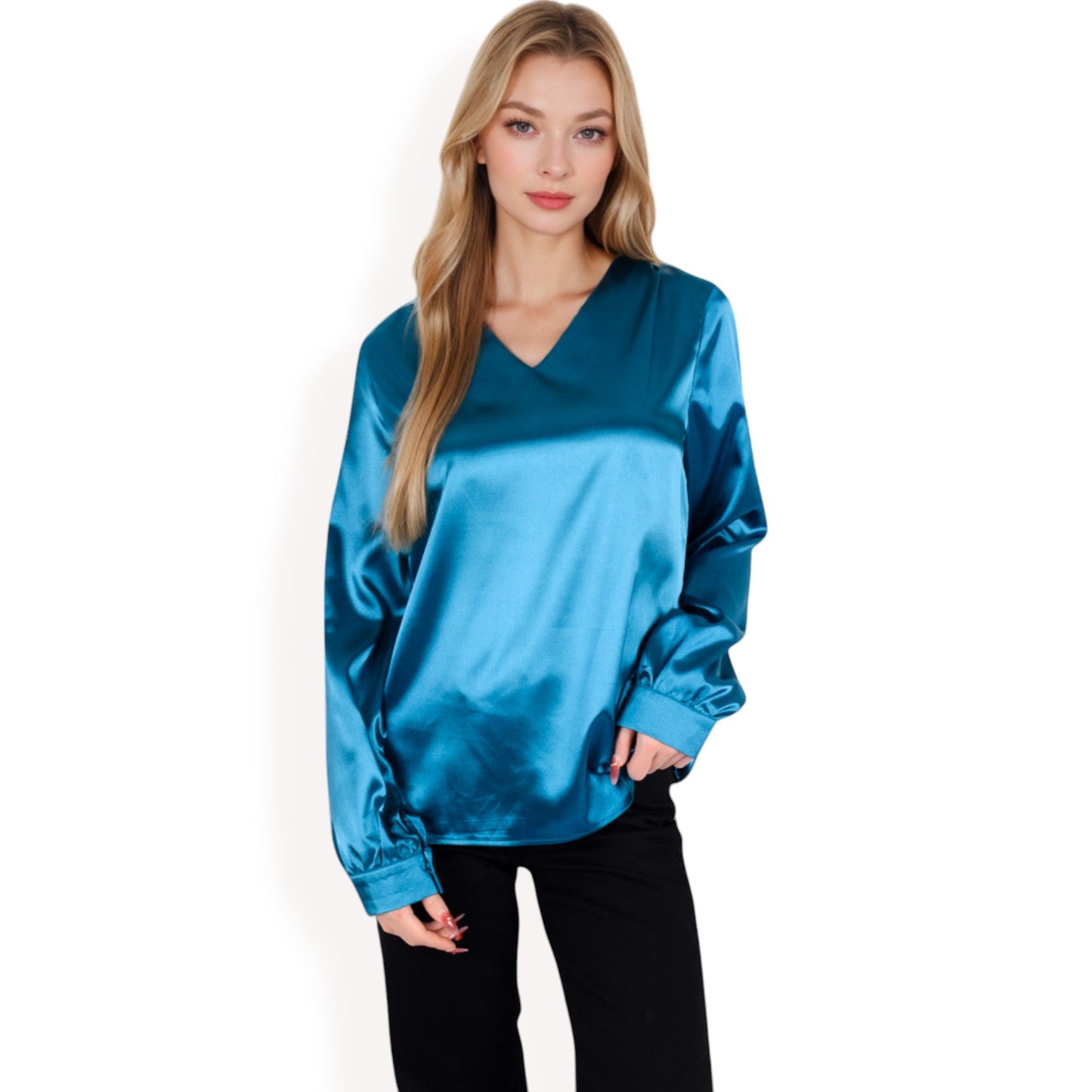 Satin Long Sleeve V-Neck Blouse with Cuffed Sleeves