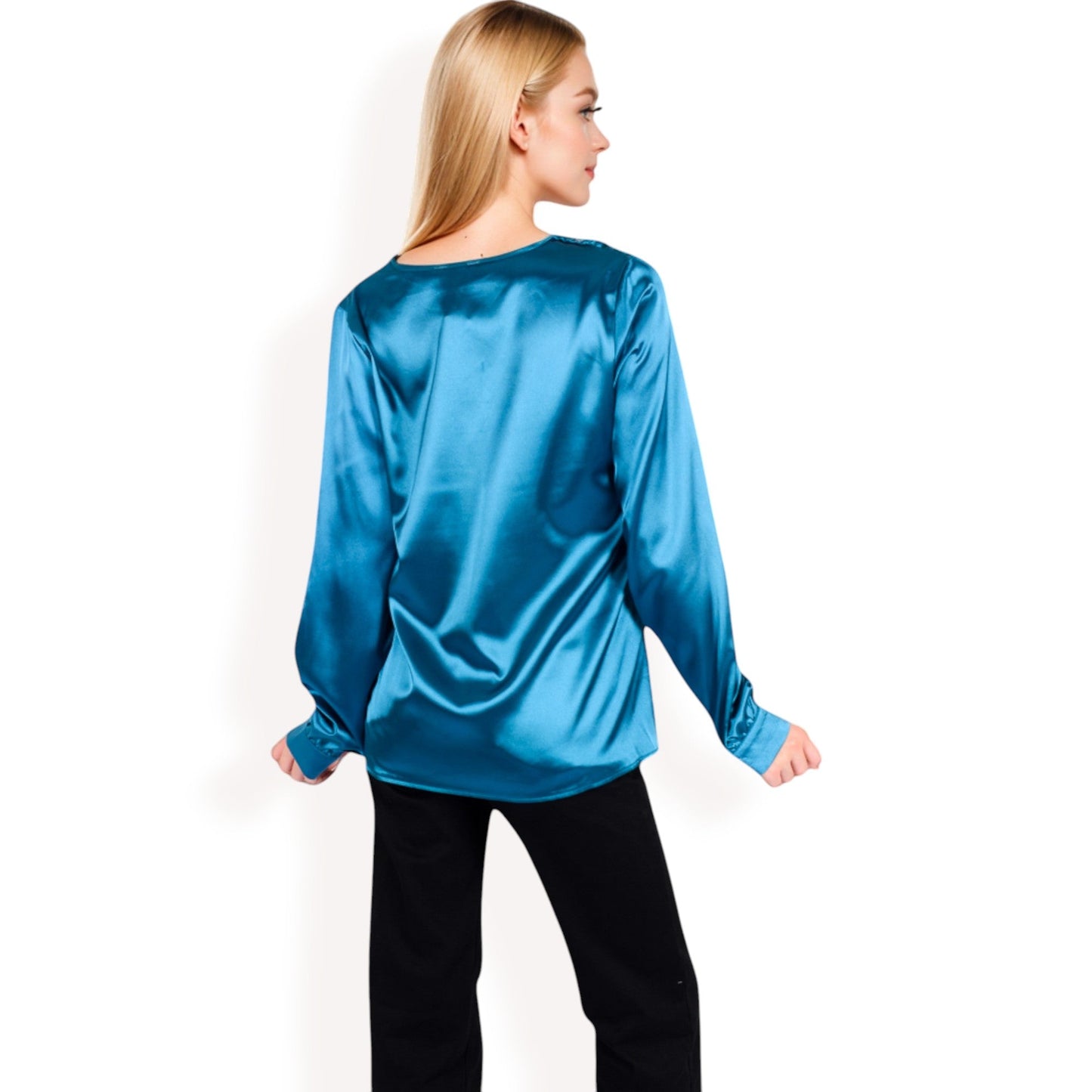Satin Long Sleeve V-Neck Blouse with Cuffed Sleeves