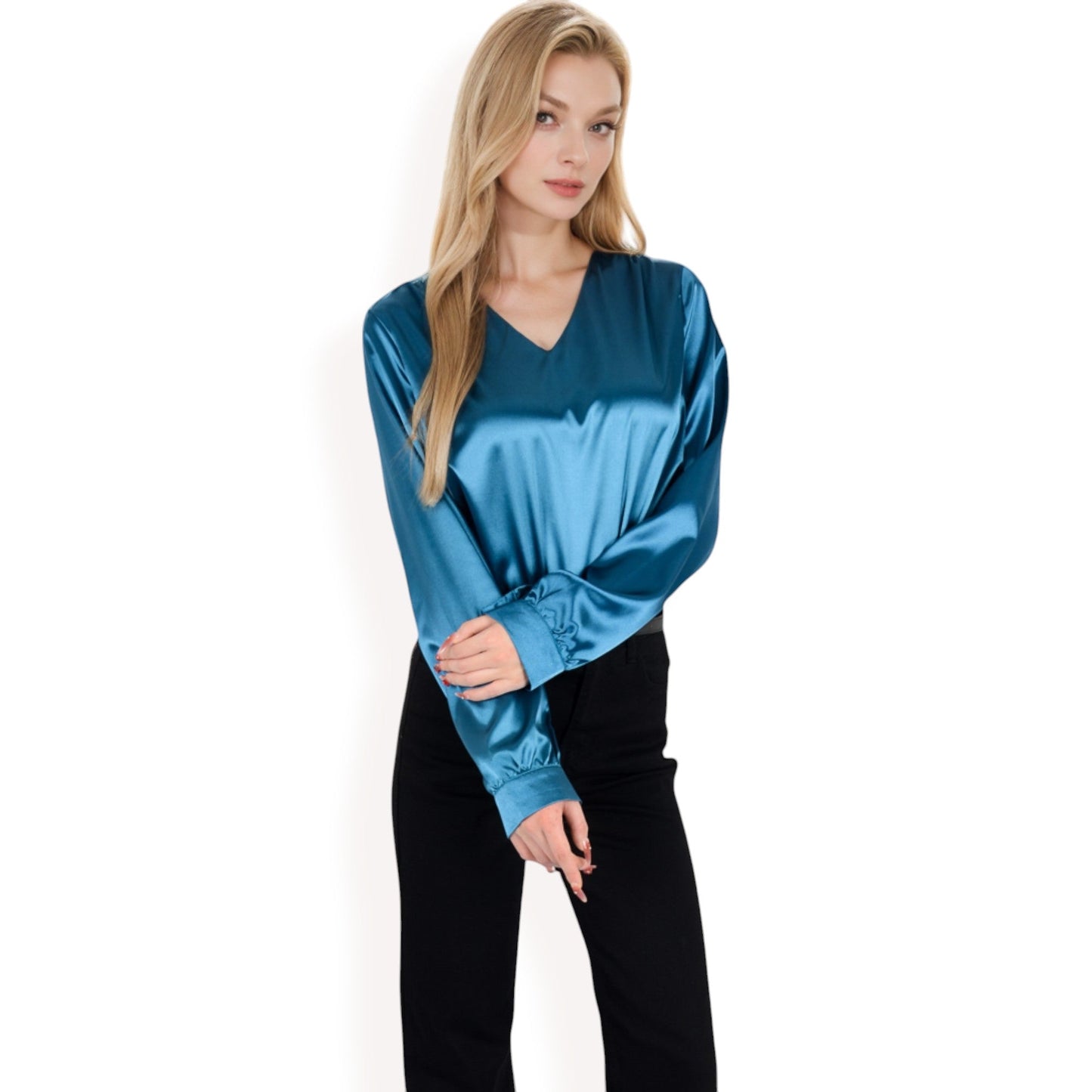Satin Long Sleeve V-Neck Blouse with Cuffed Sleeves