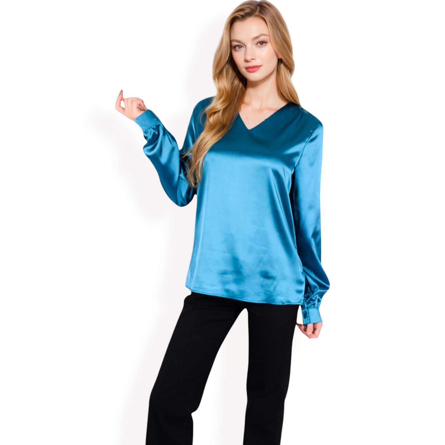 Satin Long Sleeve V-Neck Blouse with Cuffed Sleeves