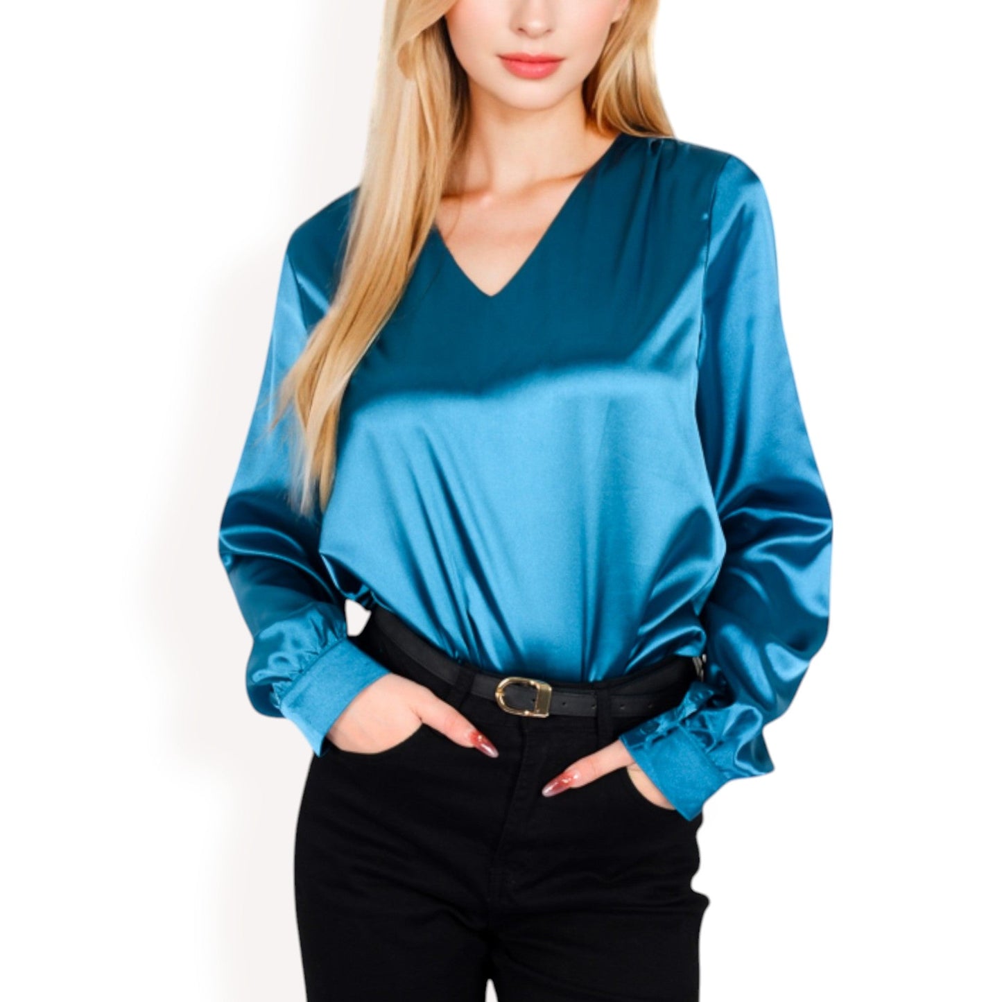 Satin Long Sleeve V-Neck Blouse with Cuffed Sleeves