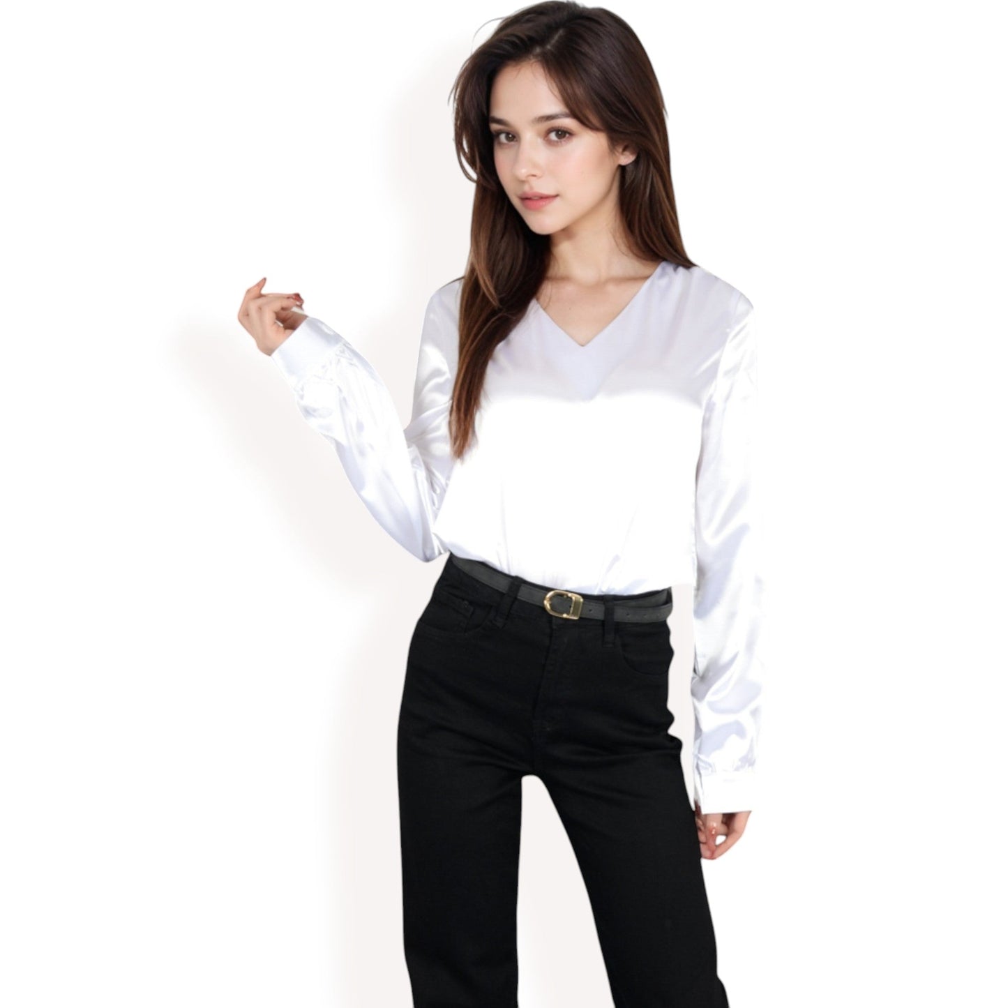 Satin Long Sleeve V-Neck Blouse with Cuffed Sleeves