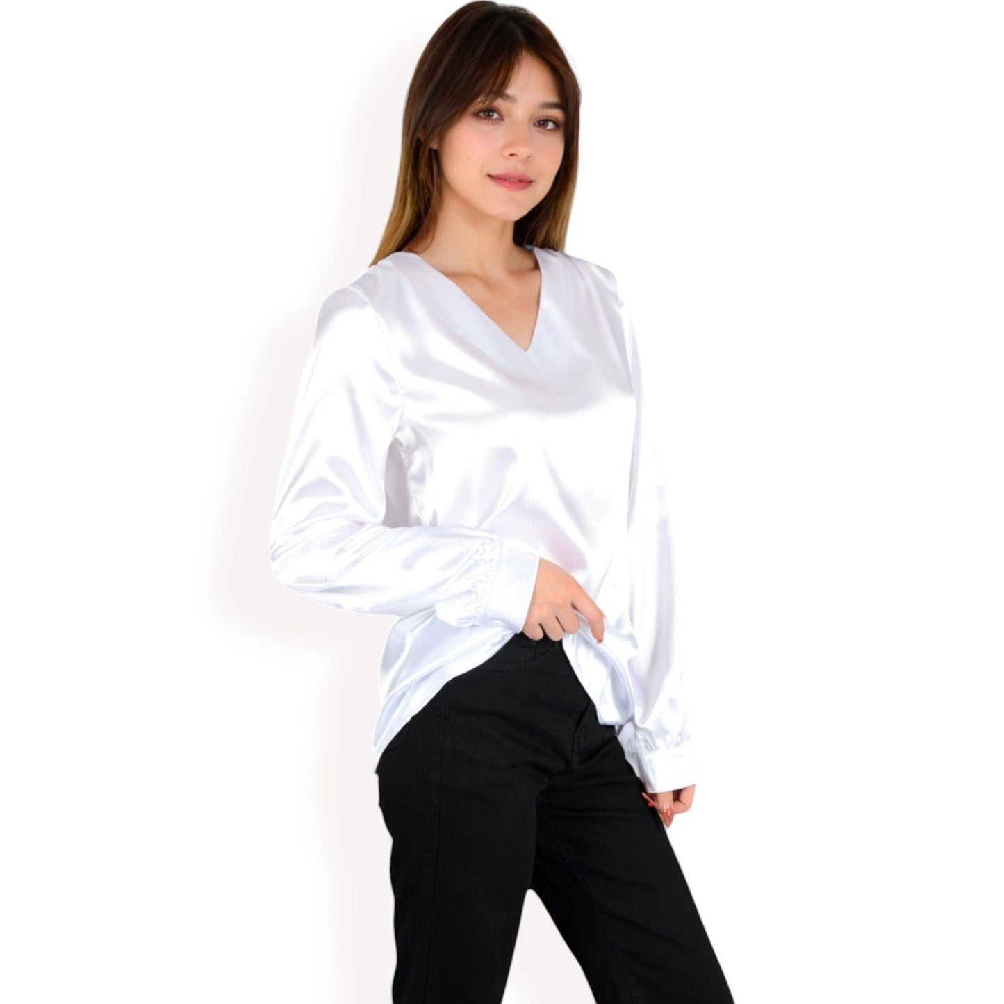 Satin Long Sleeve V-Neck Blouse with Cuffed Sleeves