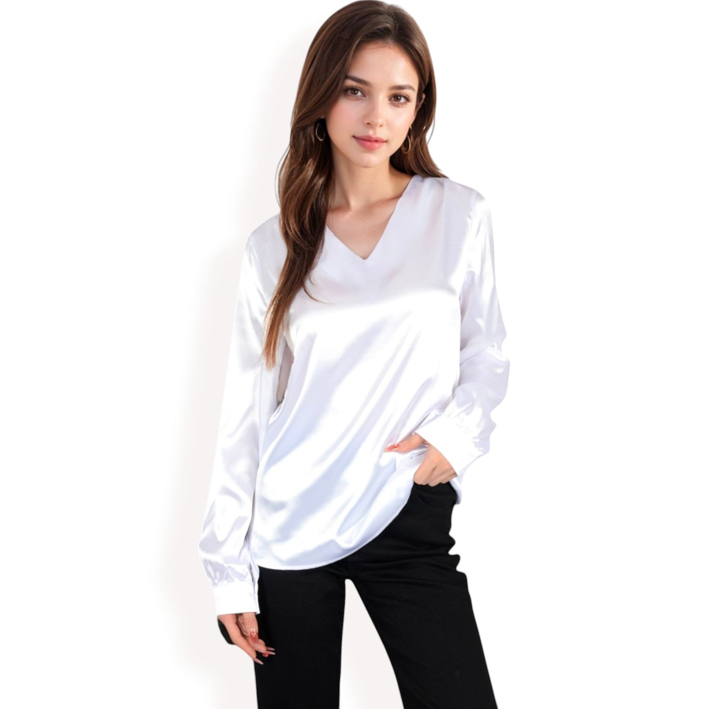 Satin Long Sleeve V-Neck Blouse with Cuffed Sleeves