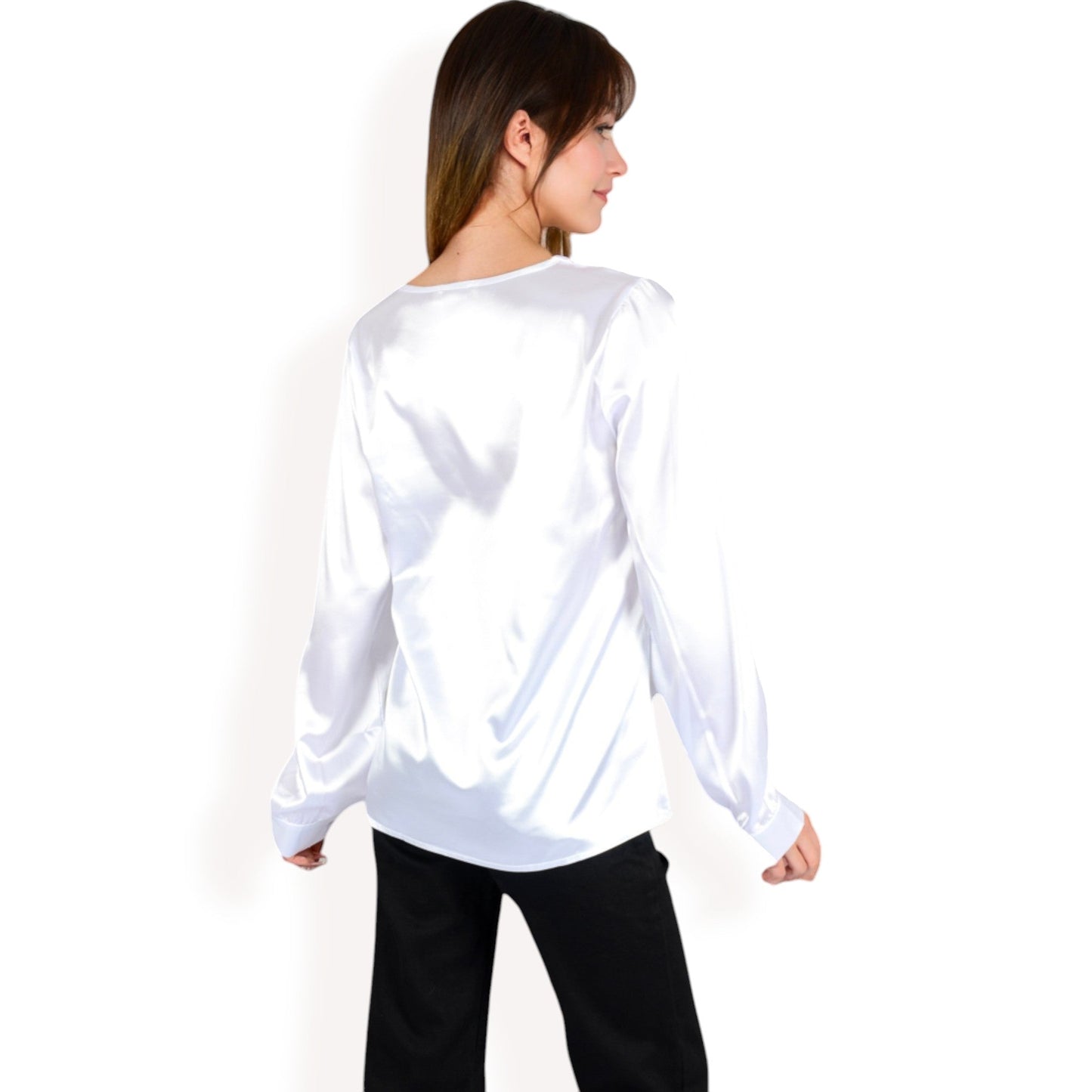 Satin Long Sleeve V-Neck Blouse with Cuffed Sleeves