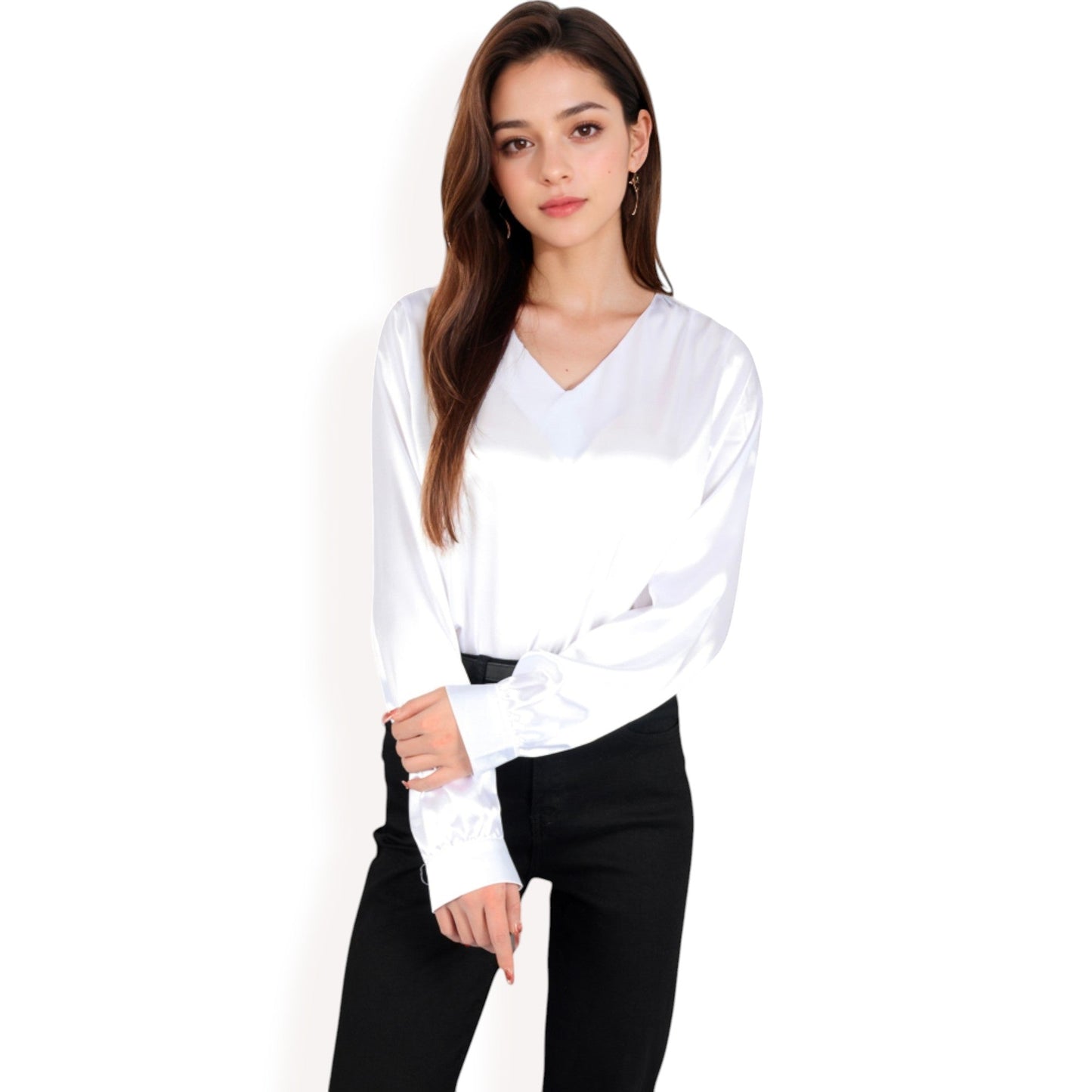 Satin Long Sleeve V-Neck Blouse with Cuffed Sleeves